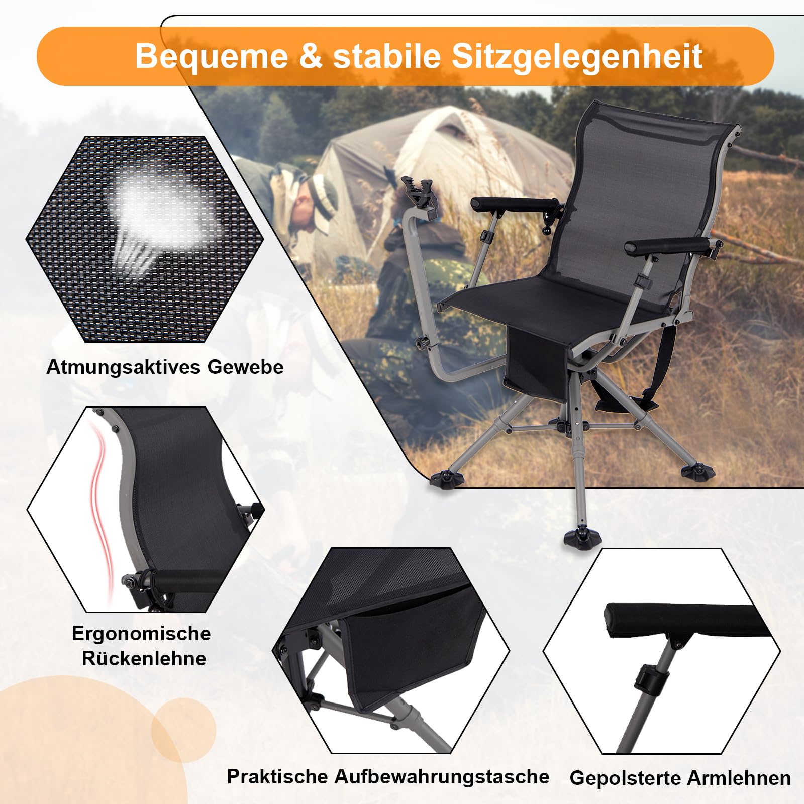 COSTWAY Krzesło myśliwskie, składane krzesło z regulowanymi nóżkami, podłokietnikami i uchwytem na pistolet, ciche obracanie o 360°, przenośne krzesło obrotowe z paskiem do noszenia, na polowanie i