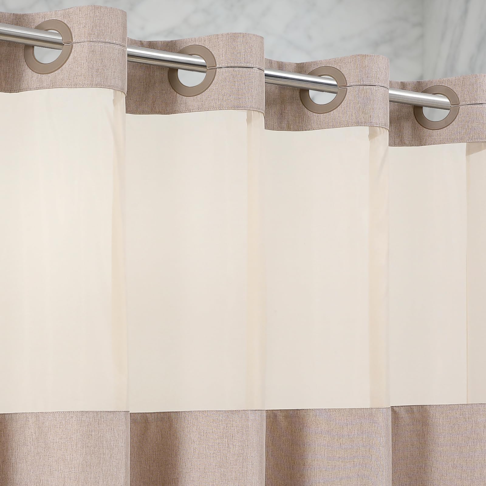 No Hooks Linen-Like Shower Curtain with Sheer Mesh Top, 250GSM Heavy Duty Fabric, Waterproof, 180 x 190 Luxury Hotel Spa Style for Bathroom, Easy Install Split Grommets, Machine Washable, Khaki