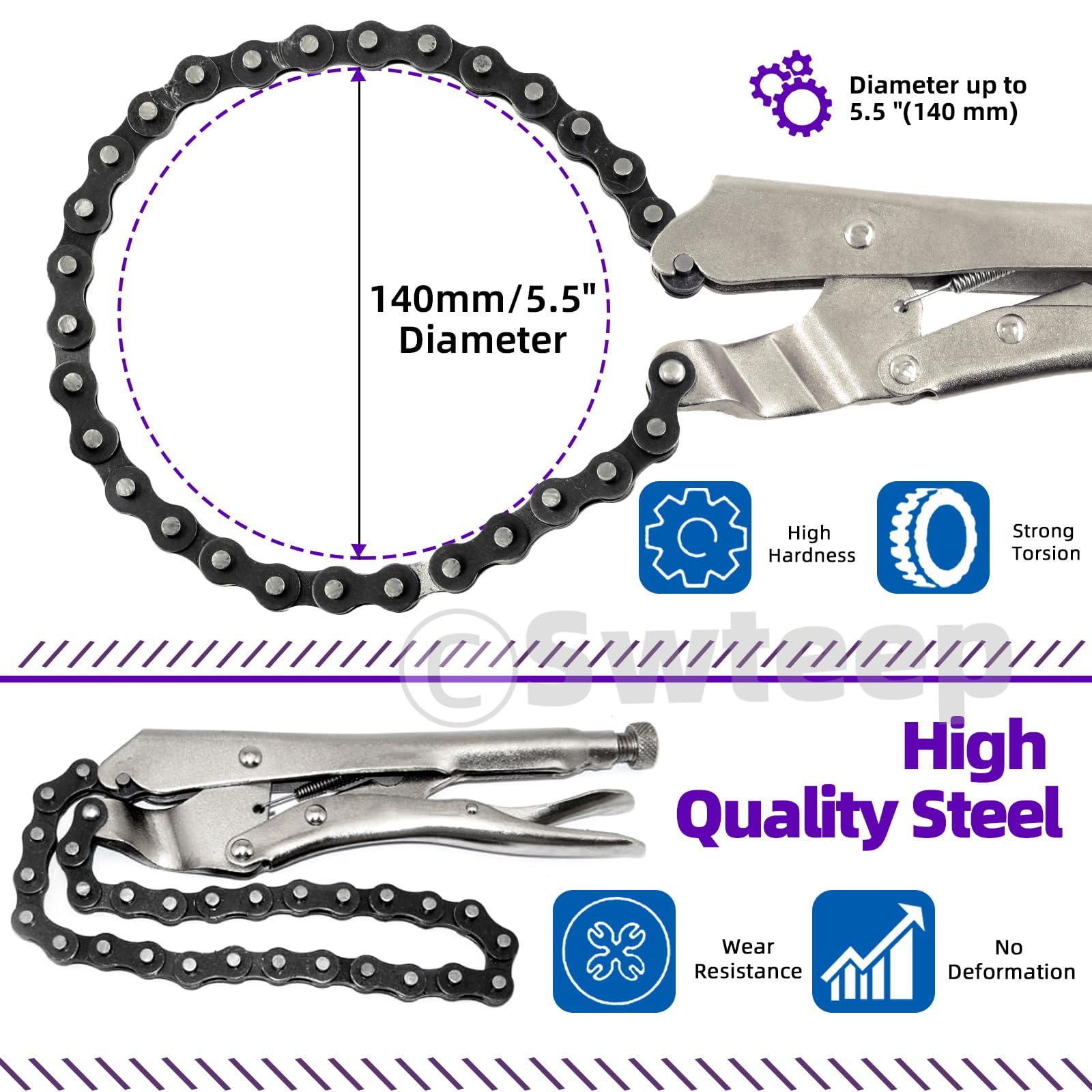 Swpeet 2Pcs 9 Inch Heavy Duty Alloy Steel Locking Chain Clamp Pliers with 20" Chain - Image 3