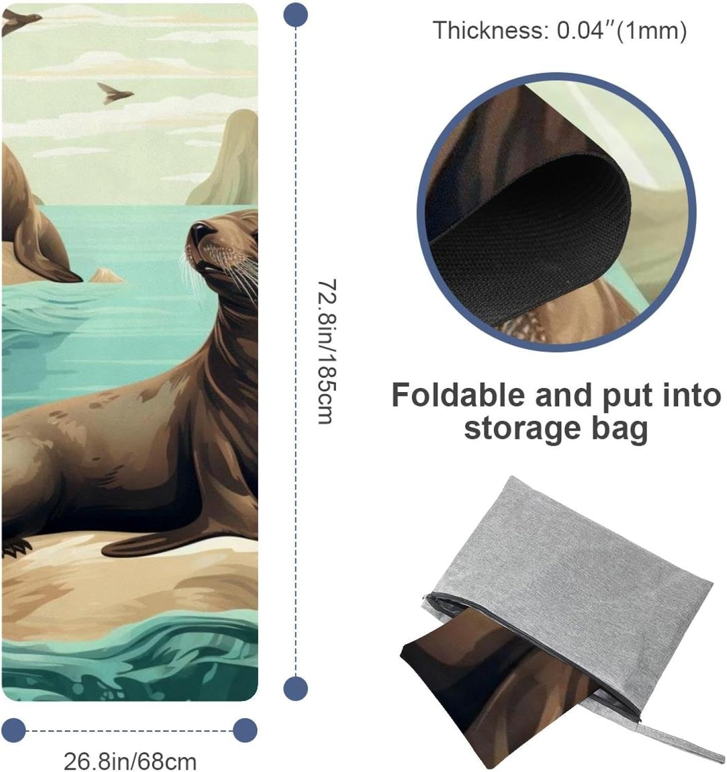 Yoga Towel, Sea Lion Pattern Non Slip Sweat Absorbent Hot Yoga Mat Towel for Hot Yoga, Pilates and Fitness - 72.8" x 26.8"