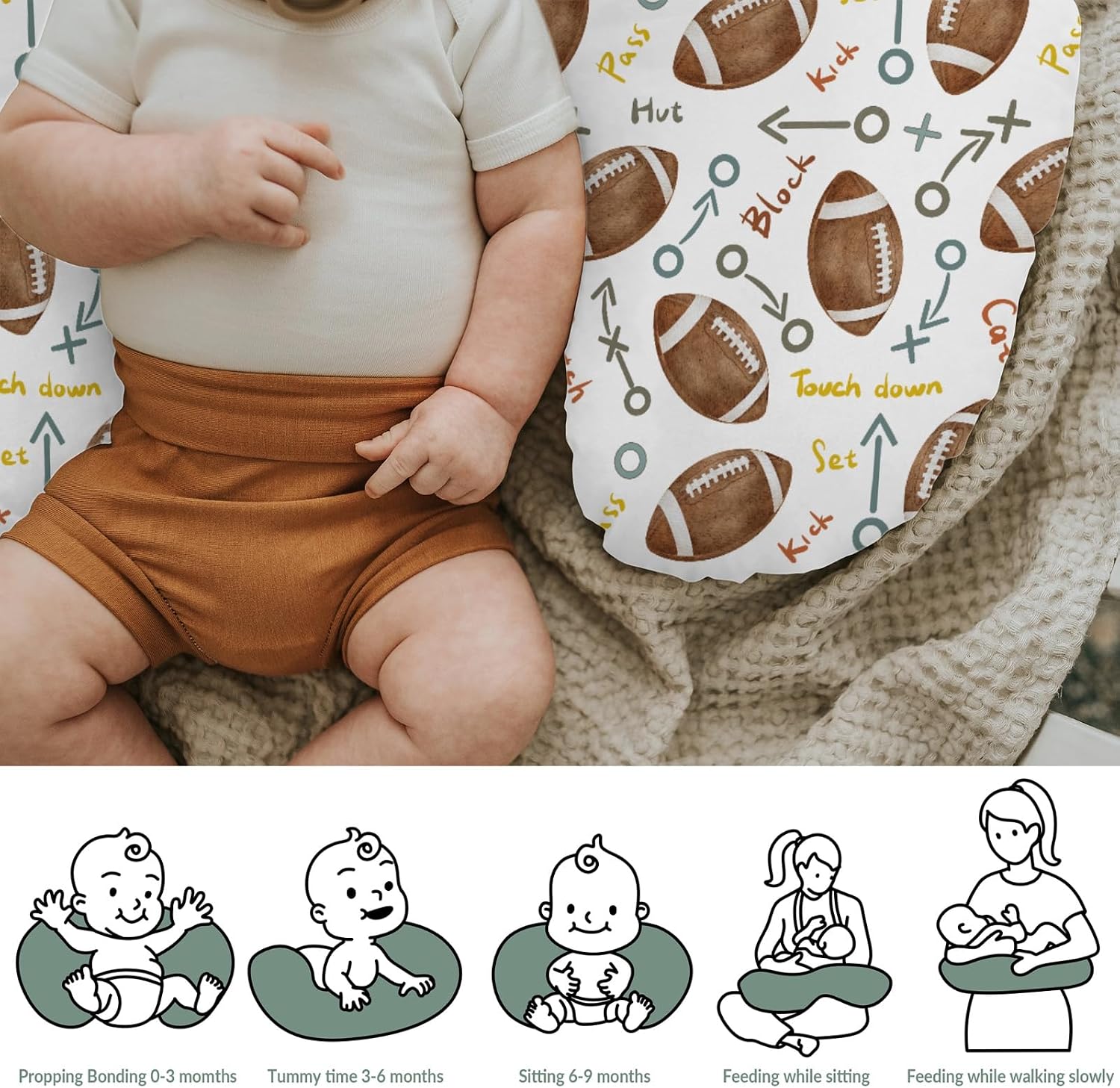 Neutral American Football Baby Nursing Pillow Covers for Boy Girl Cute Football Game Day Nursery Pillowcase for Breastfeeding Pillows Boys Neutral Sports Fan Soft Stretchy Slipcovers for Newborn