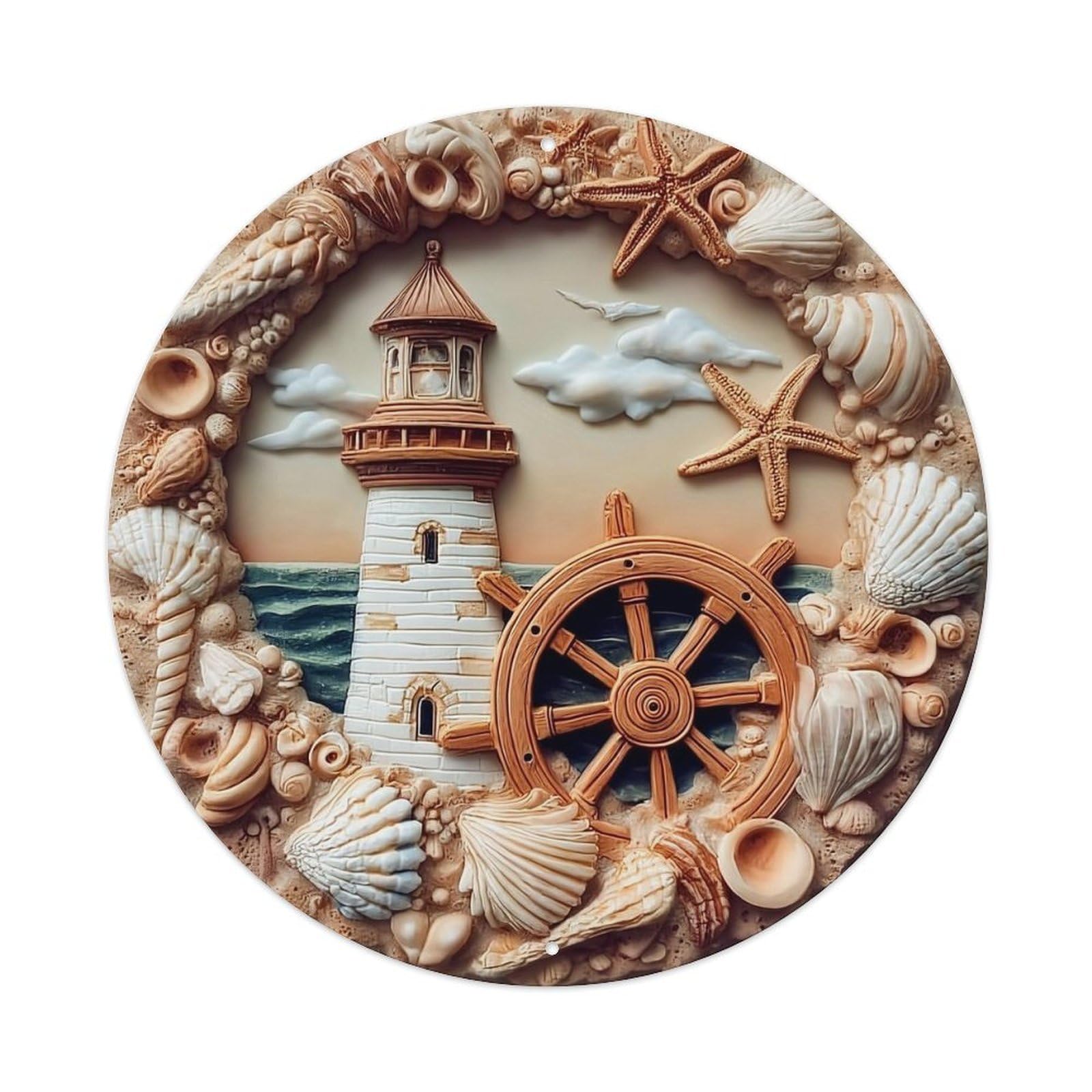 Lighthouse Seashell Starfish Wheel Ocean Round Tin Sign Vintage Metal Sign Home Bar Garden Indoor & Outdoor Wall Decor Retro Metal Poster 8x8 Inch