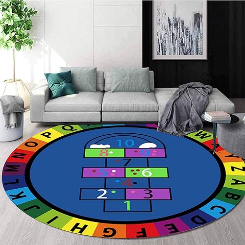 Alfombra redonda para sala de juegos para niños, 3 pies, con letras coloridas del número ABC, alfombra de preescolar para guardería, aula, alfombra