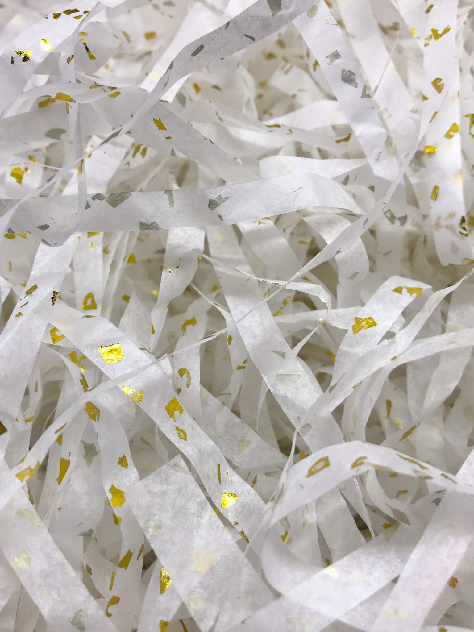 ECO SARRAS WHITE WITH GOLDEN FOIL SHREDDED PAPER USED FOR GIFT PACKAGING, BOX FILLER, BASKET FILLER ETC [WHITE-GOLDEN] (100 GRAMS)
