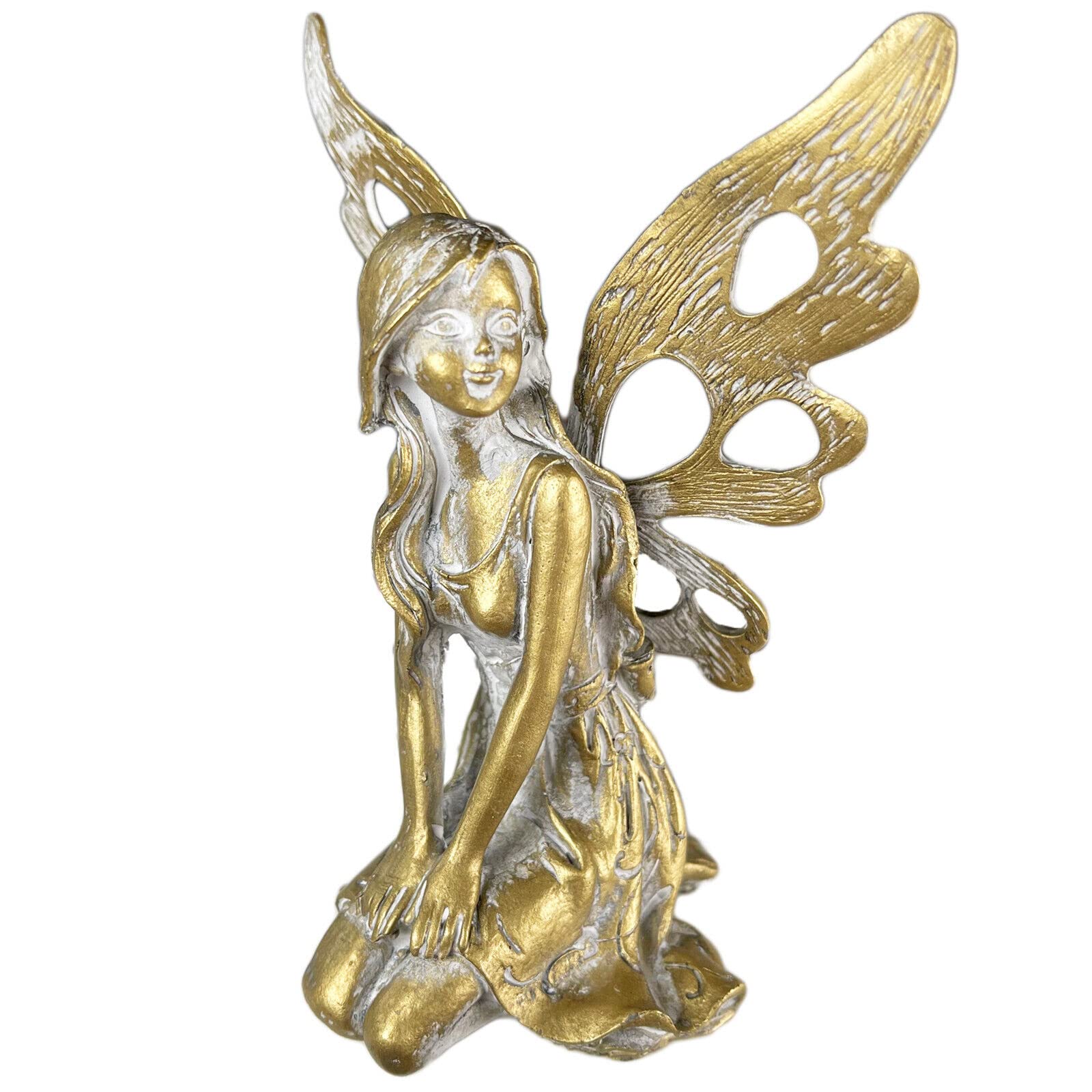 Darthome Gold Kneeling Fairy Figurine Resin Distressed Magical Angel Wings Ornament Gift