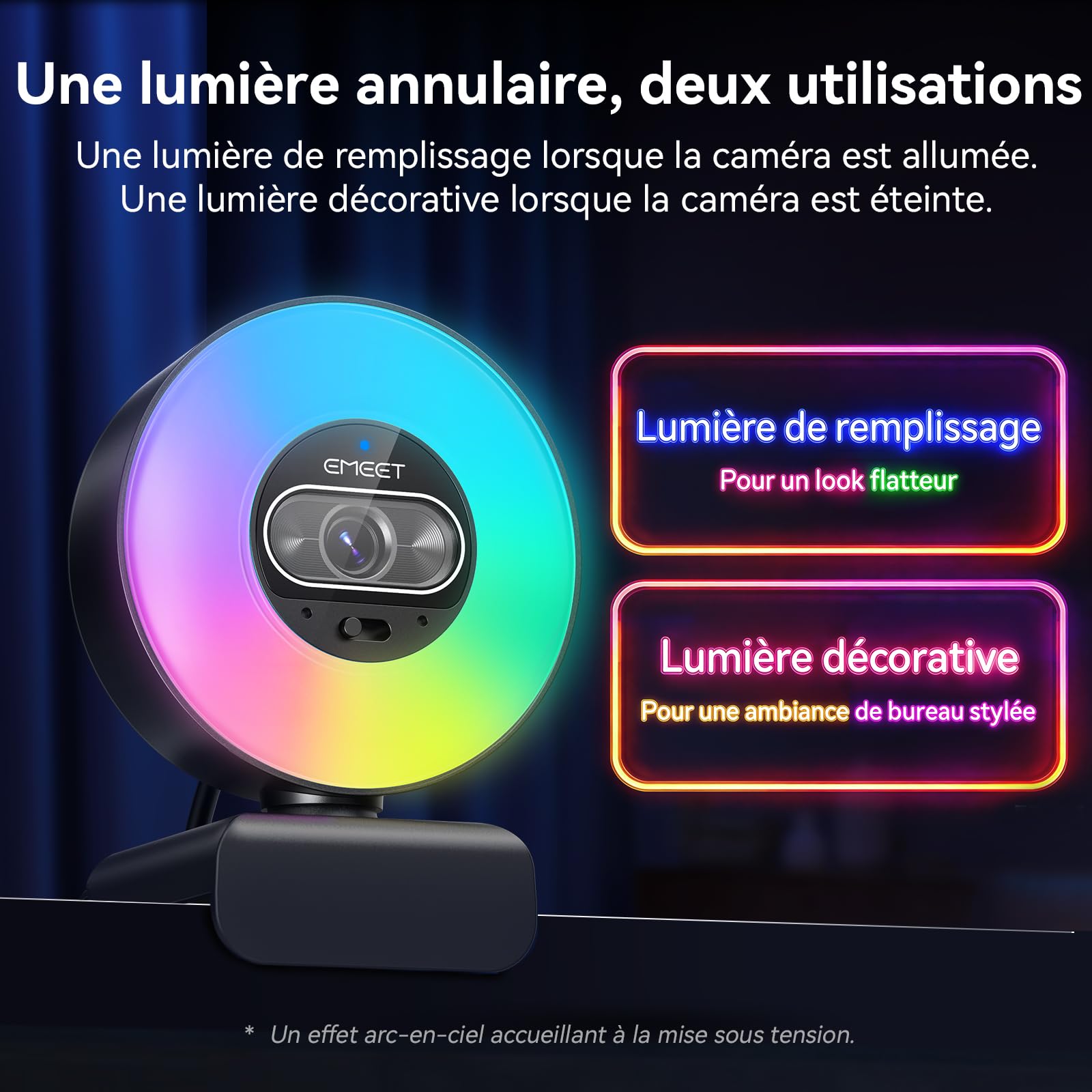 eMeet Webcam 4K S600L, 4 Modes d'éclairage, Effet Arc-en-Ciel, Capteur 1/2", Imagerie IA, PDAF 0,2 s, 2 Microphones, Molette de Réglage, Webcam 4K avec Lumière pour OBS/Twitch/Youtube/Zoom/PC/Mac