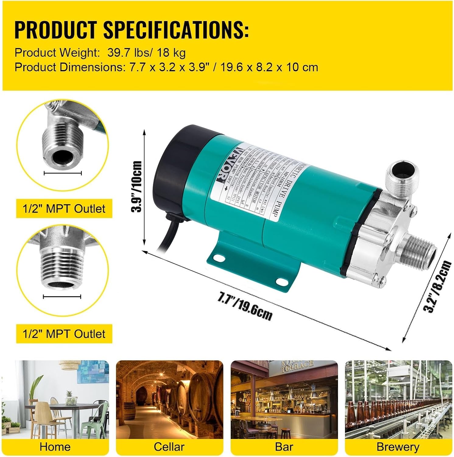 Magnetic Beer Pump Homebrew Brewing MP-15RP Food Grade 304 Stainless Steel High Temperature 120 ℃ 1/2" MPT For Brewery Bar