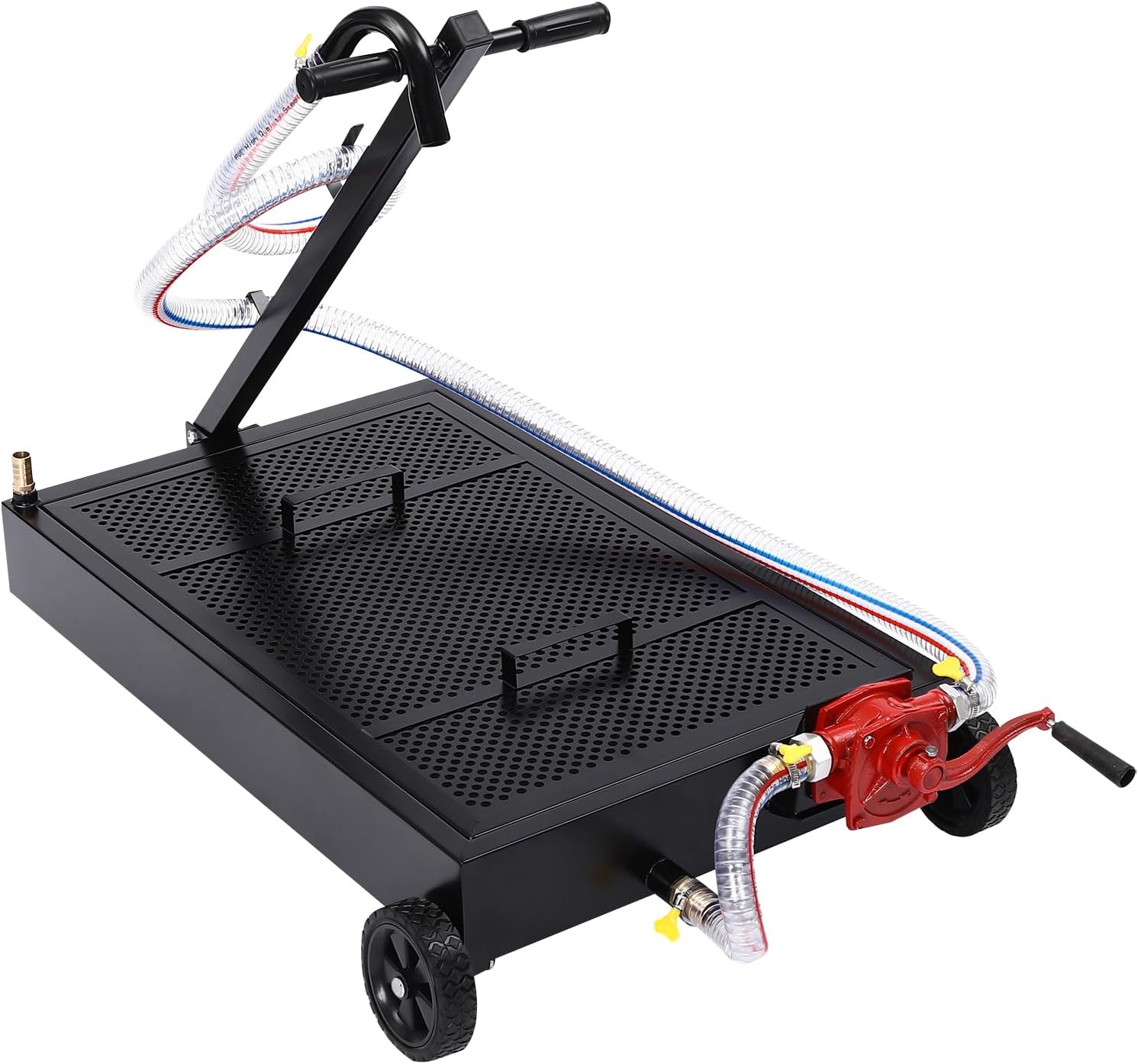 15 Gallon Low Profile Oil Drain Pan, 57L Large Capacity Truck Oil Change Pan with Manual Rotary Pump, 7.2Ft Hose & T Foldable Hand and Wheels, for Trucks, Buses, RVs