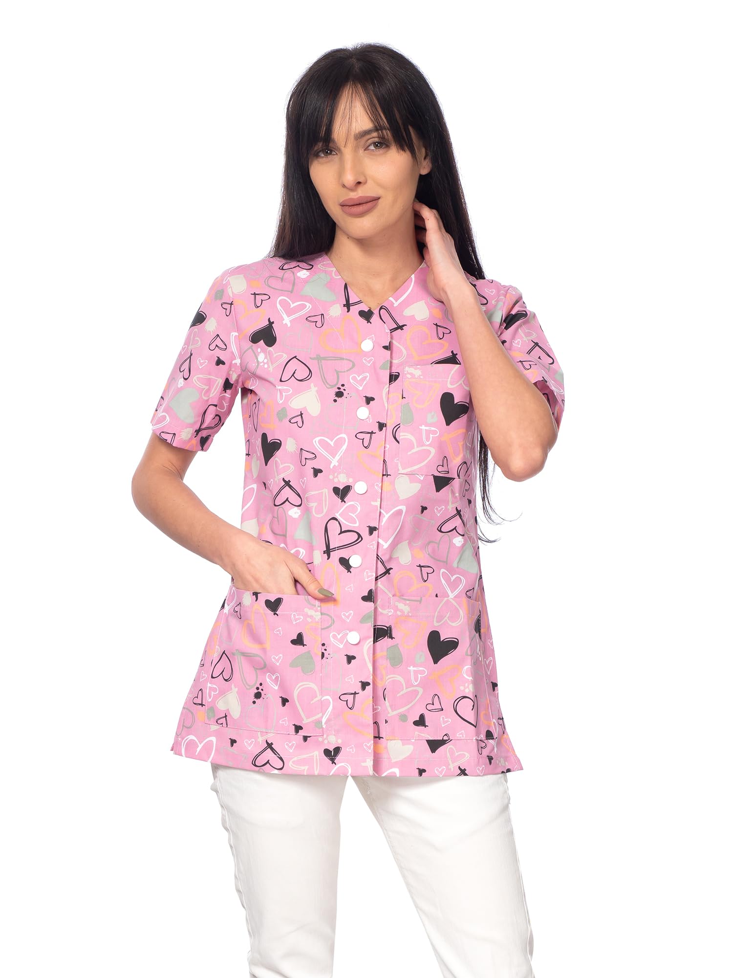 DINOZAVR Carla Sanitario Camisa Médica con Botones a presión y Cuello en V para Mujeres