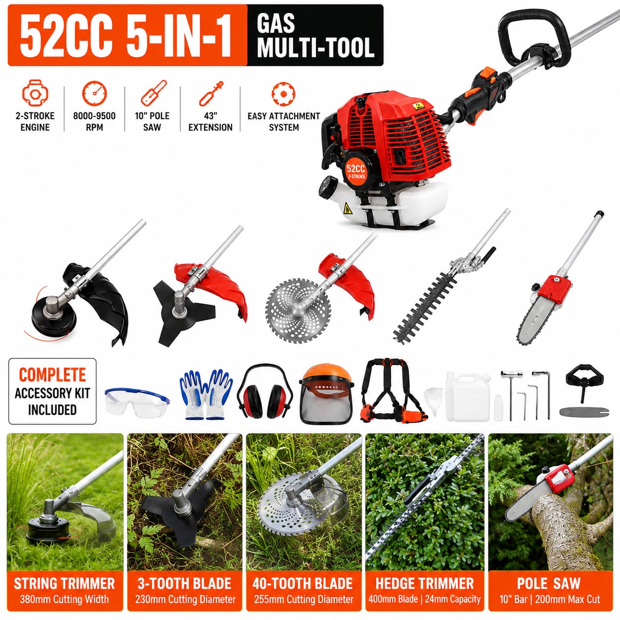 5 w 1 Weed Eater silna, wydajna kosiarka, w pełni funkcjonalne akcesoria do żywopłotu, 52 cm³, benzyna, nożyce do żywopłotu, pilarka łańcuchowa (czerwona)