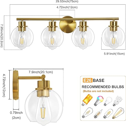 Miniatura 6 de Lámparas de baño sobre el espejo, 4 luces, lámpara de tocador de baño con pantalla de vidrio transparente de 29.5 pulgadas, moderna lámpara de