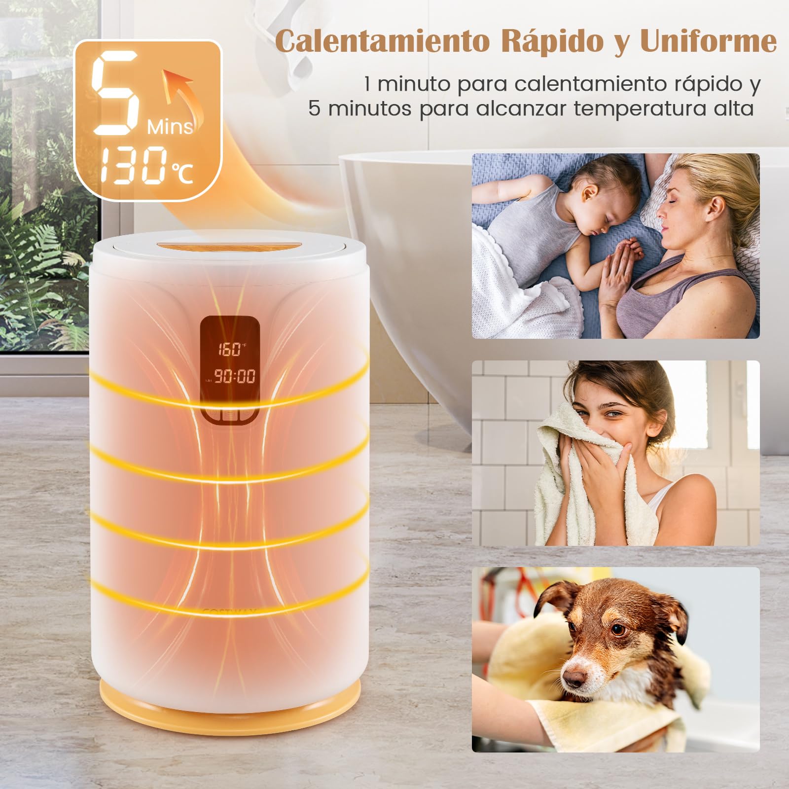 COSTWAY 20L Cubo Calientatoallas con Luz LED, Calentador de Toallas para Baño con Temporizador de 0,5-24H, Calentamiento de 30/60/90 Min, Bloqueo Infantil, Calentador de Mantas para Mantas, Pijamas