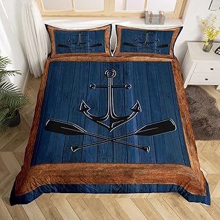 Lake Life Bedding Set Queen Size,Nautical Anchor Paddle Print Duvet Cover Set for Children Adult,Navy Blue Wooden Board Rustic Plaid Soft Comforter Cover for Dorm Room, Zipper, Ties