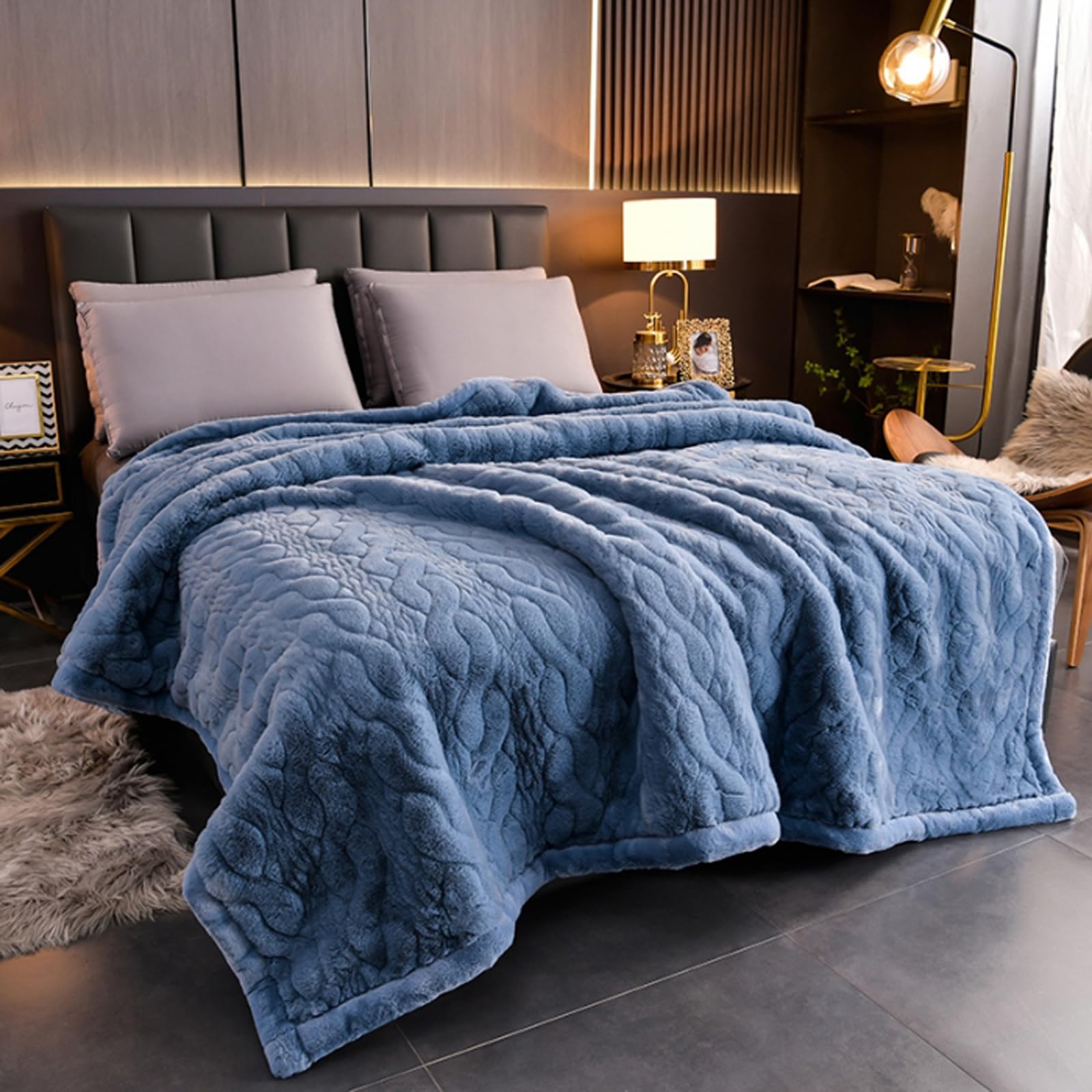 LGYKUMEG 12 Lbs Fleece Blanket for Winter - 2 Ply Heavy & Warm Korean Style Bed Blanket - Reversible Printed Velvet Raschel Queen Size Blanket -