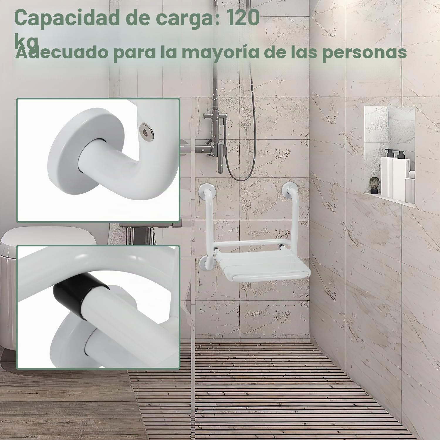 Asiento de ducha plegable de pared con reposabrazos, asiento plegable de 120 kg, taburete de ducha plegable de pared, silla de ducha para personas mayores, color blanco