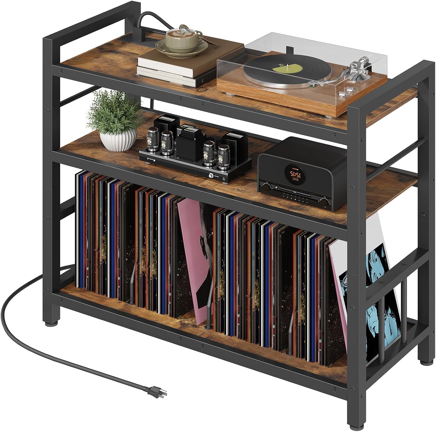YATINEY Record Player Stand, Vinyl Turntable Stand with Charging Station