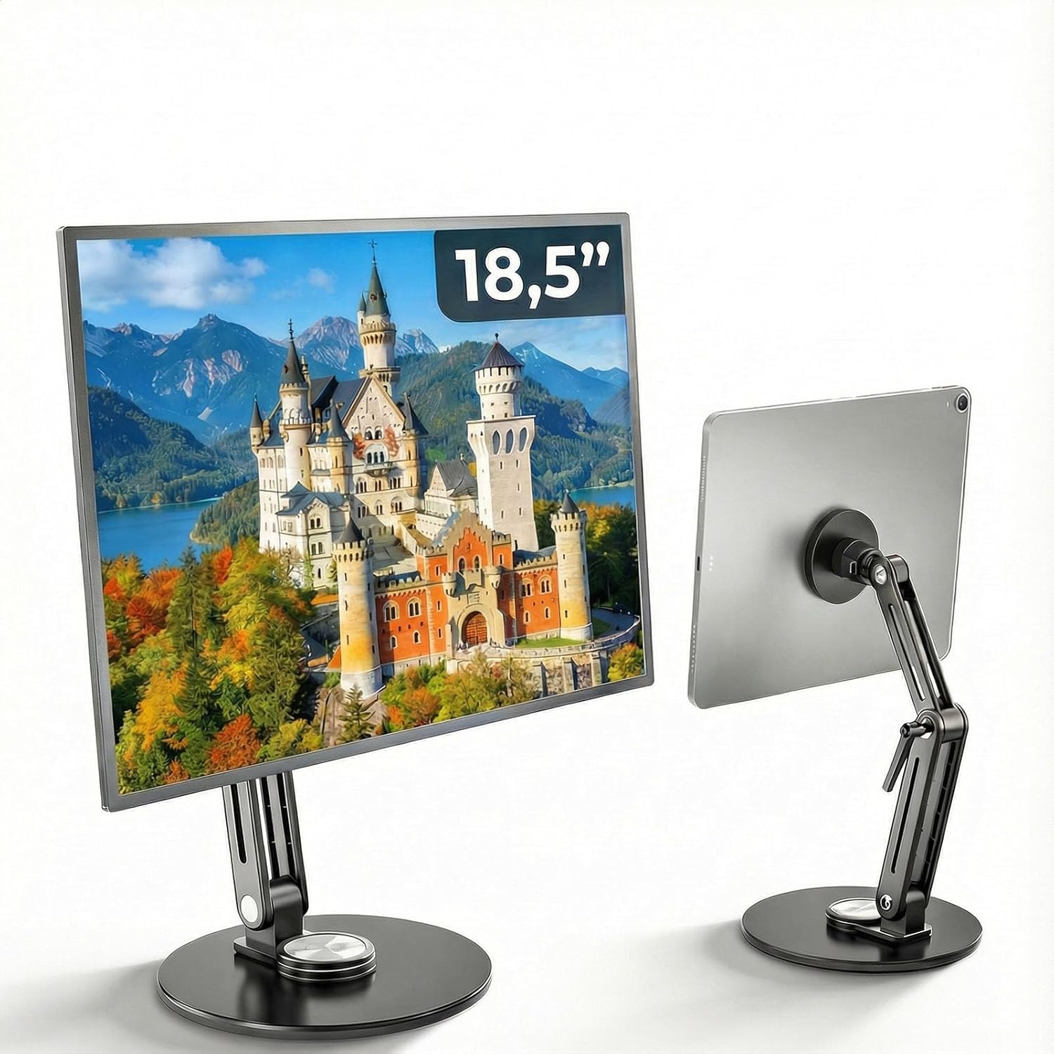 Support Tablette Écran Portable Magnétique Aluminium 360° Rotatif Pliable Réglable Compatible 4.7"-18.5" iPad Moniteur VESA 75mm