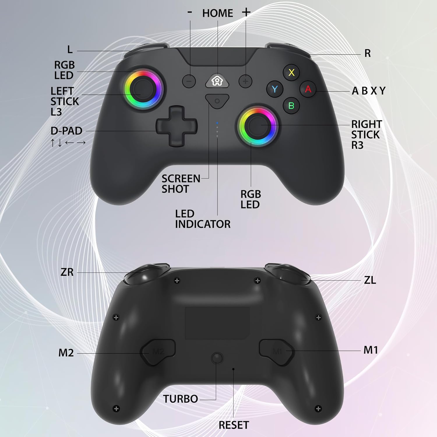 Diagram of SUBSONIC Wireless Controller with labeled buttons and features