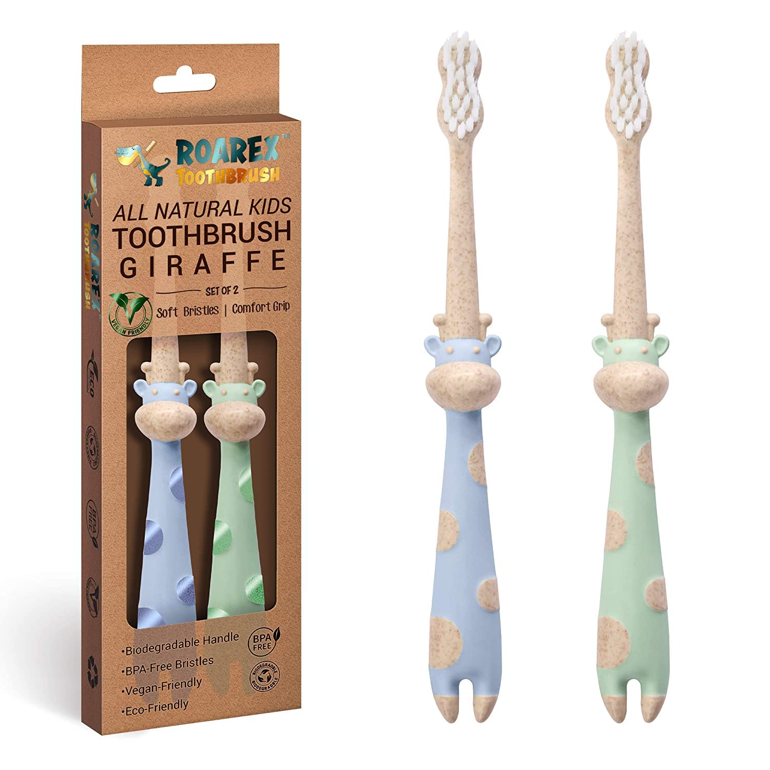 ROARex Vegan Eco Friendly All Natural Kids Toothbrush Made from Plants – Sweet Baby Giraffe | 100% Biodegradable and Compostable | 1% for The Planet Product