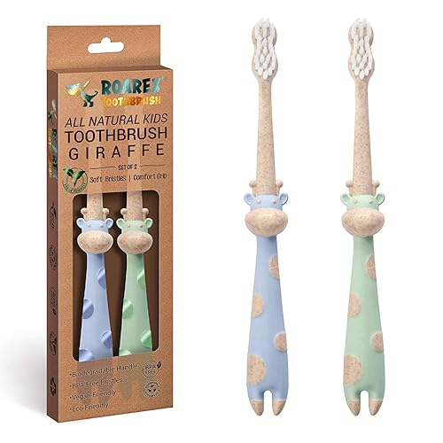 ROARex Cepillo de dientes vegano ecológico totalmente natural para niños hecho de plantas – Sweet Baby Giraffe 100% biodegradable y compostable