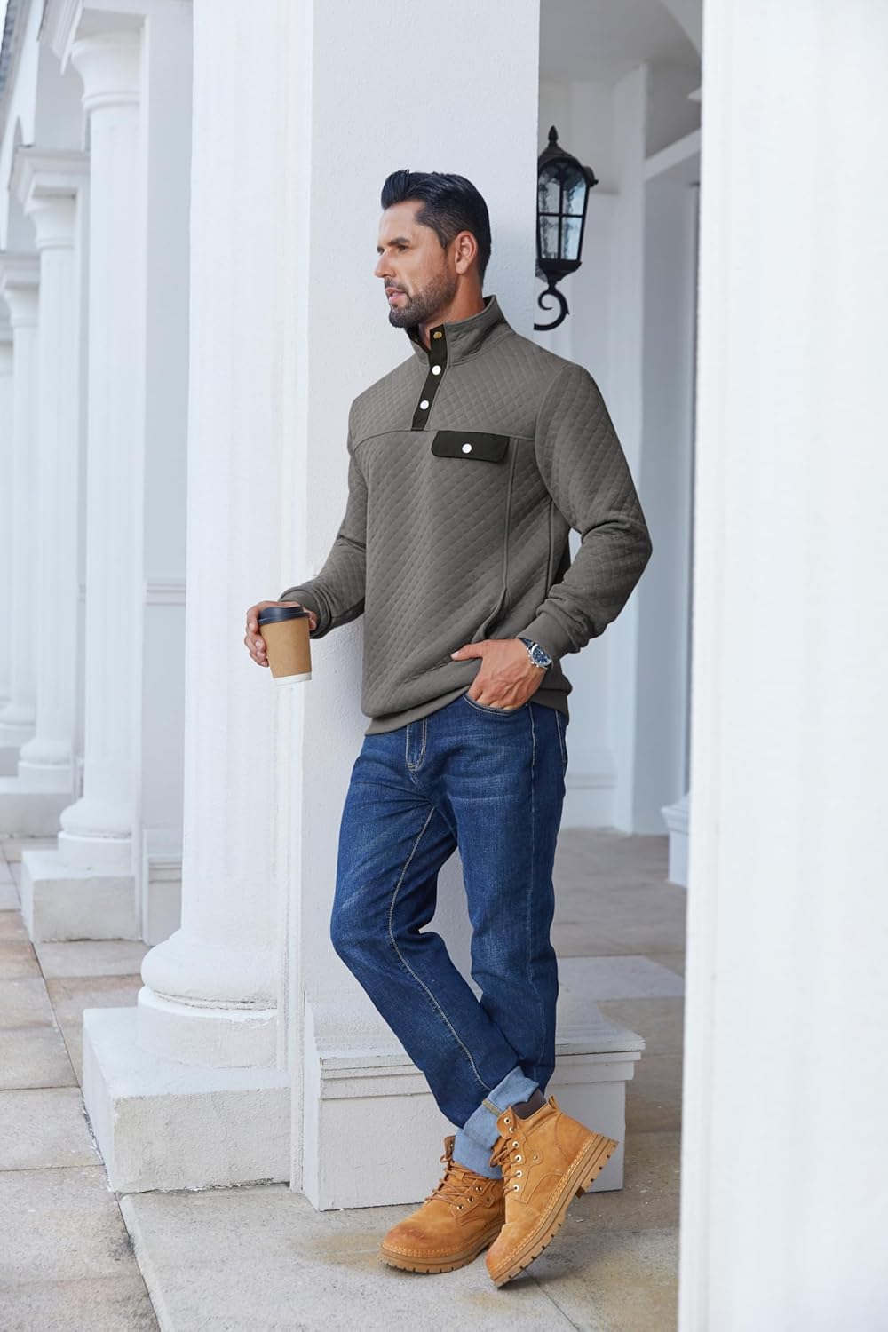 COOFANDY Quilted Sweatshirts for Men Quarter Button Pullover Sweatshirt Stand Collar Outdoor Polo with Pockets - Image 3