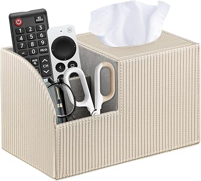 Square Tissue Box Cover with Storage, PU Leather Facial Cube Tissue Holder