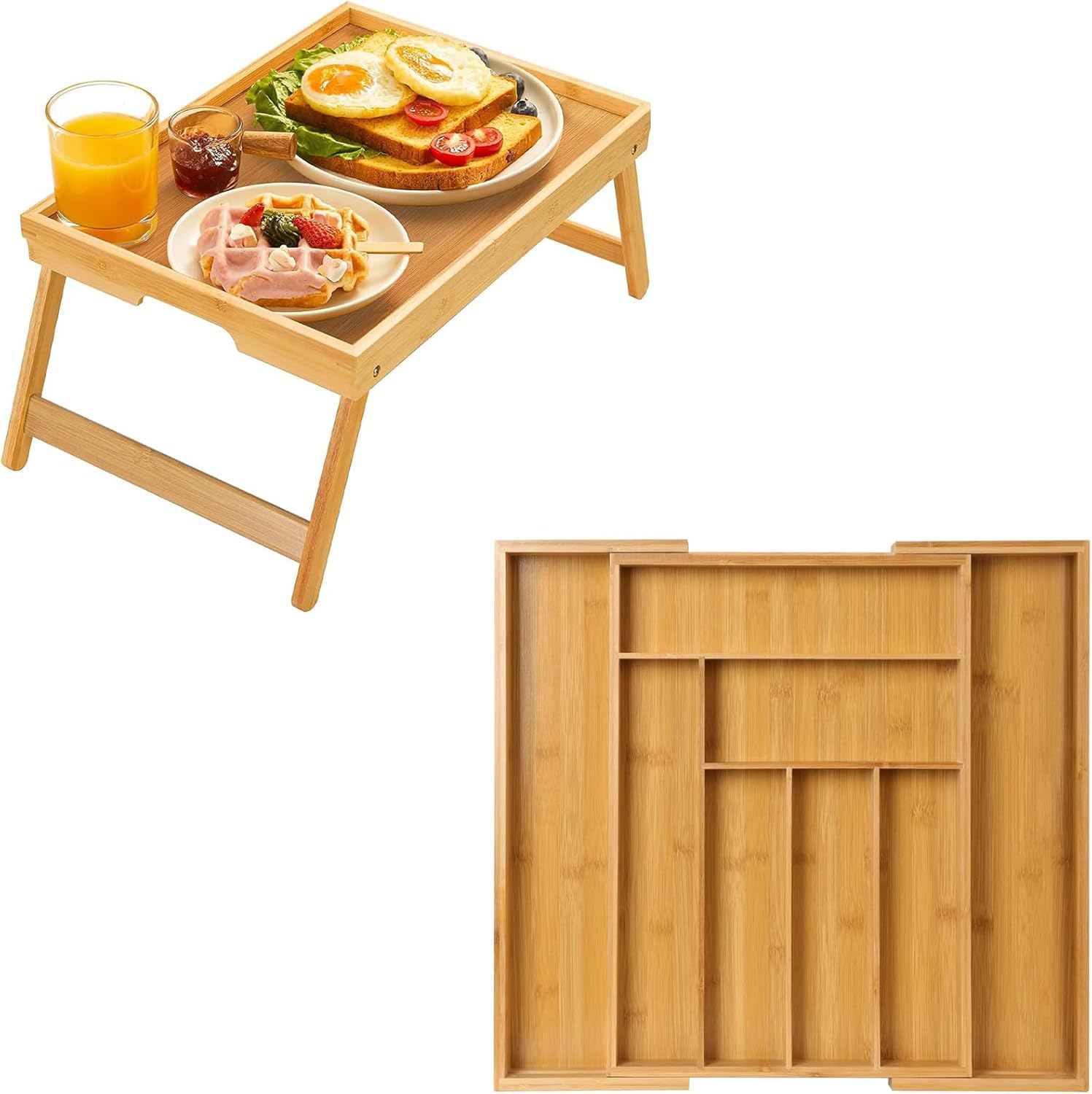 Pipishell Bamboo Bed Tray Table with Foldable Legs & Bamboo Expandable Silverware Drawer Organizer