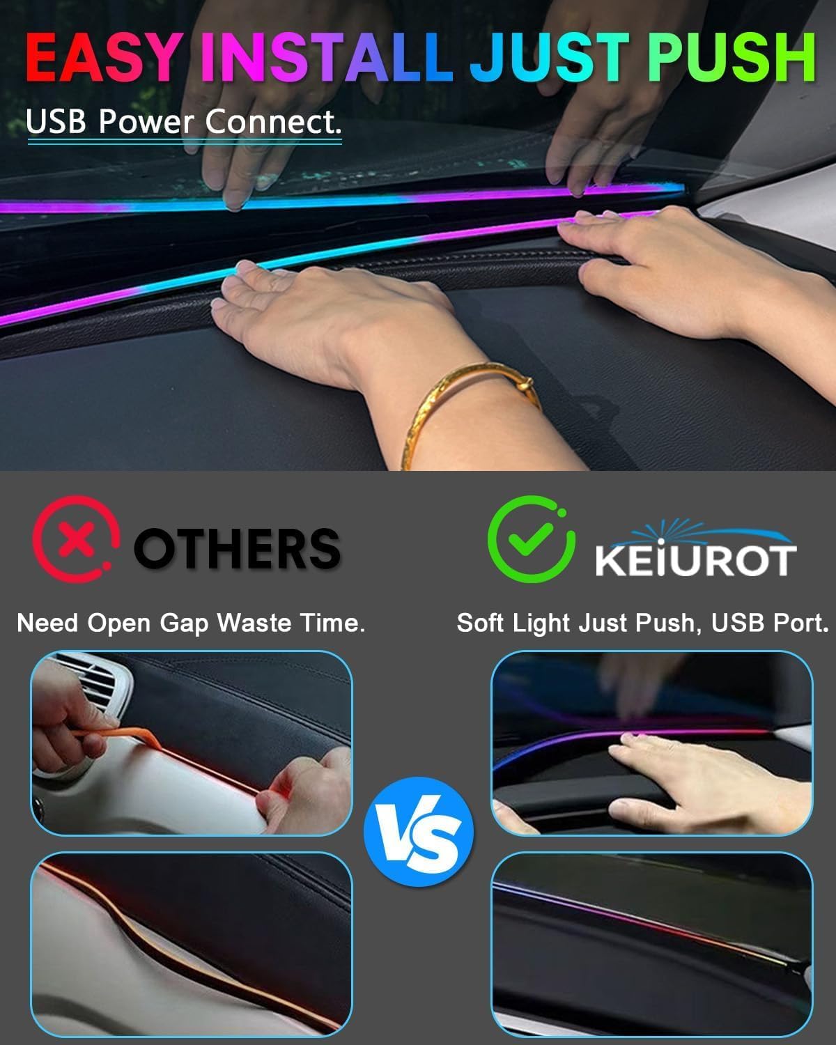 Acrylic Interior Car LED Strip Light with Motion-Activated Switch, 59.1" Neon Ambient Light, RGB Colors, APP Control, Music Sync