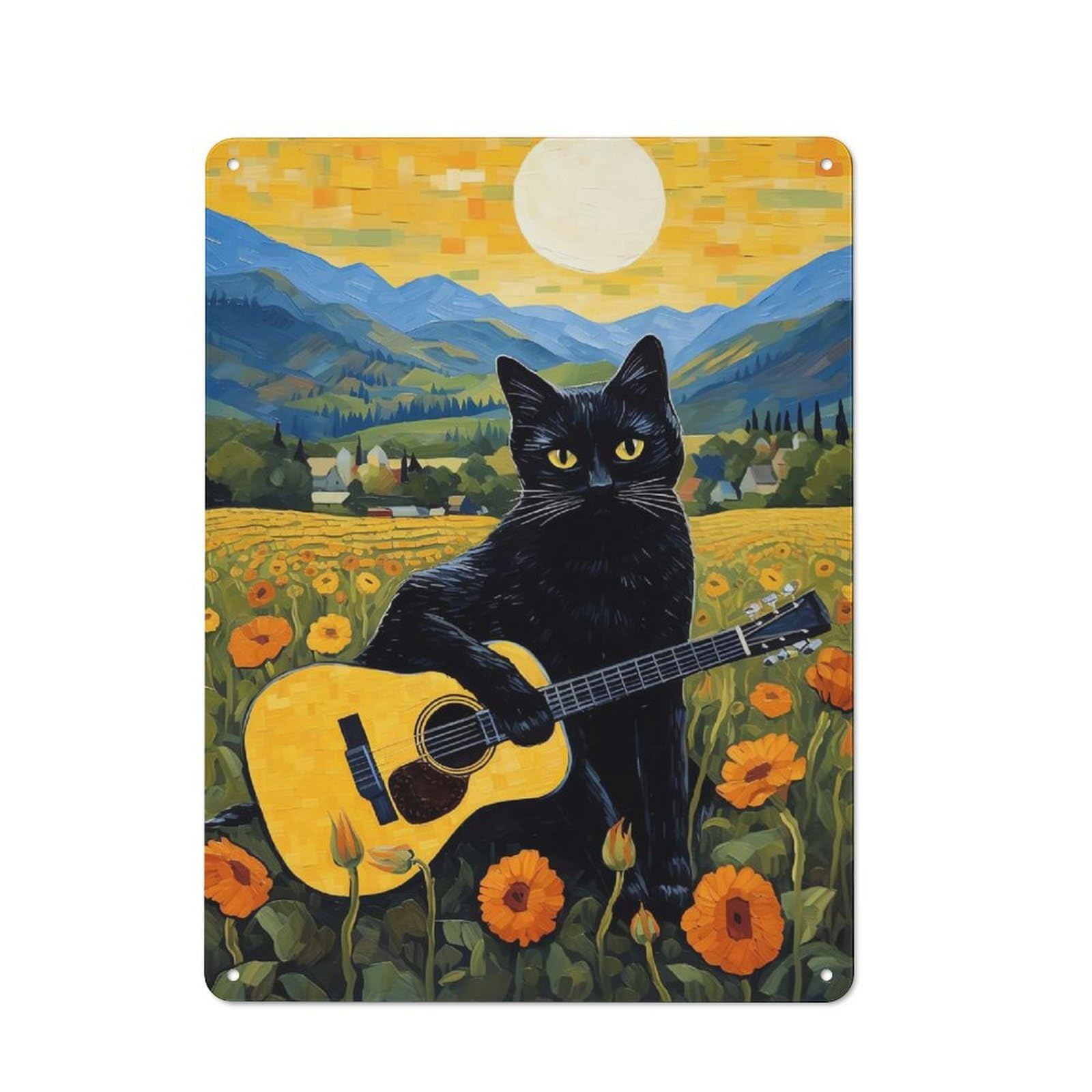 Junmoney Style-21 Black Cat Play Guitar Rustic Printed Metal Sign 40X30cm For Garage Or Workshop, For Garage, Workshop And Man Cave Decoration