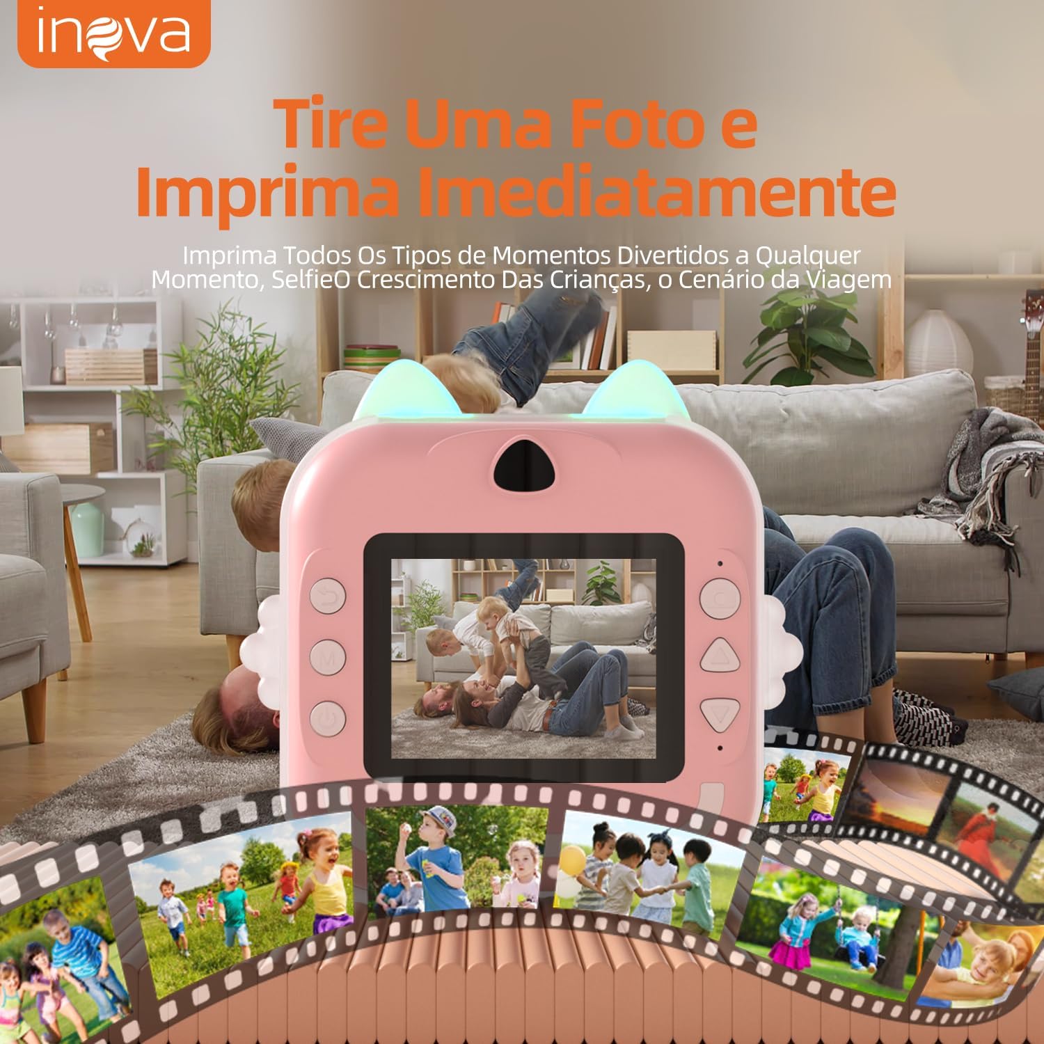 Câmera Digital Infantil Portátil 20MP, Tela de 2 Polegadas, 200 dpi, Resolução 1080P, Impressão Instantânea, Conexão com Celular, com Papel de Impressão (CAM-12607-rosa)