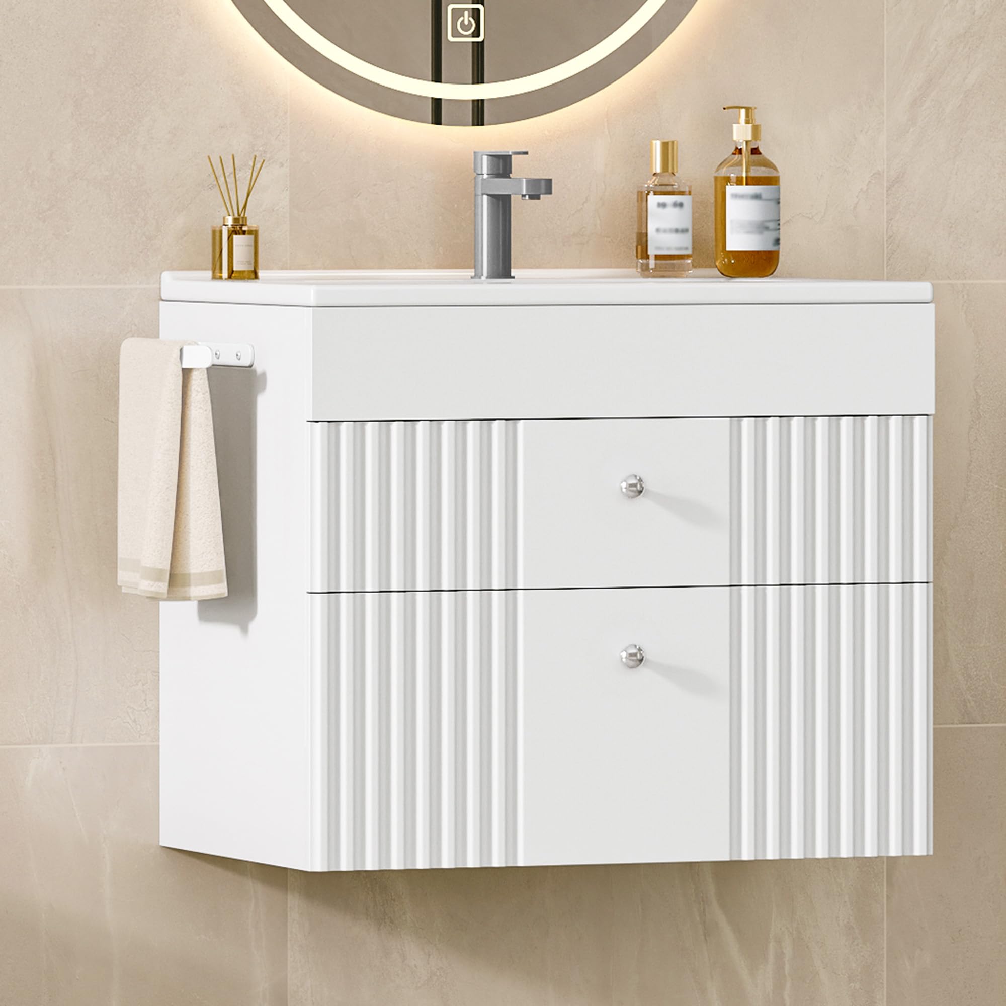 Hzuaneri Mobiletto da Bagno Sospeso a Parete, con Lavabo Integrato in Ceramica, 2 Cassetti, Portasciugamani, Mobile Bagno, Archiviazione ad Alta Capacità, 40 x 60 x 50 cm, Moderno, Bianco BC64103X
