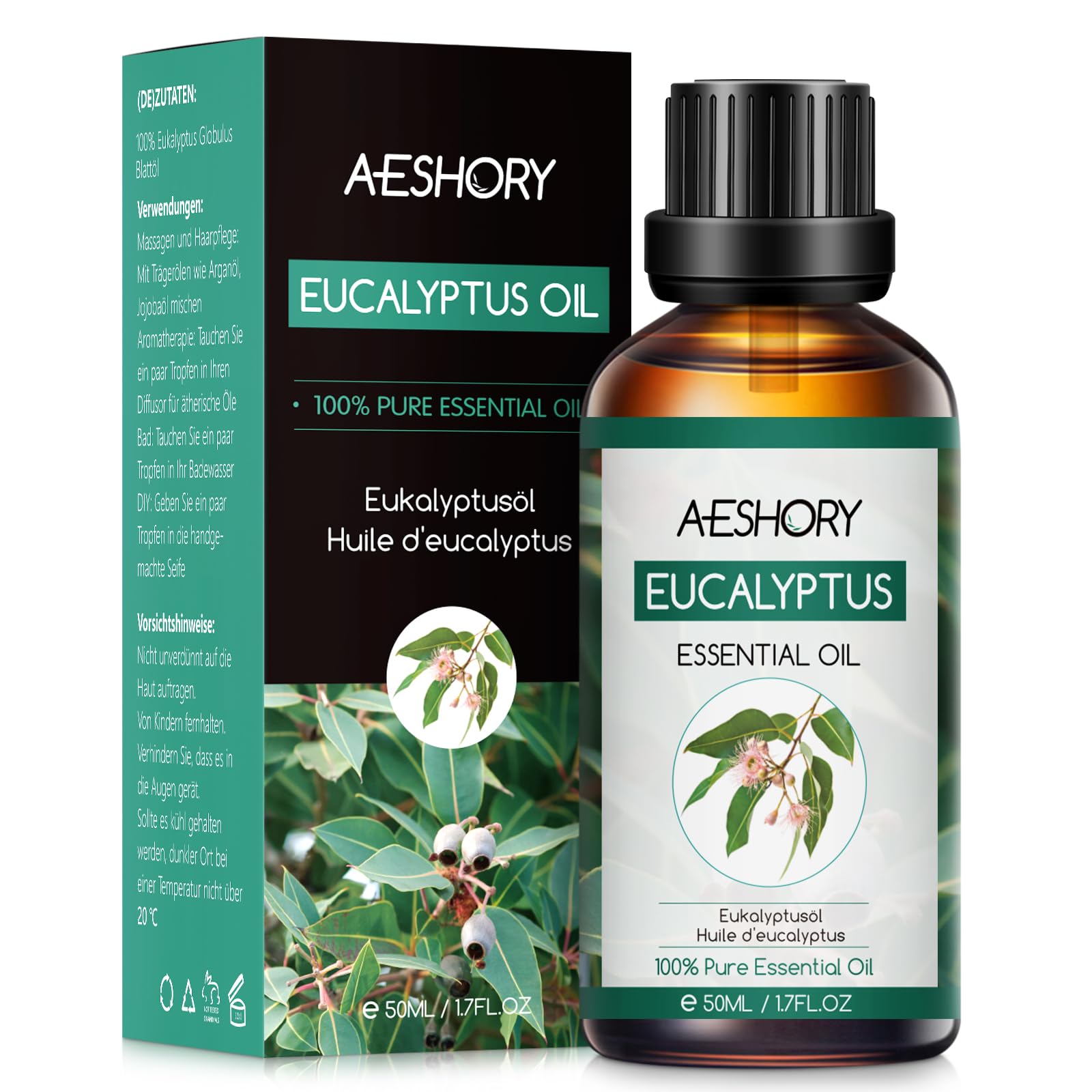 AESHORY Eukalyptus Ätherisches Öl 50ML, Natürliches Eukalyptusöl Aromatherapie Duftöl für Diffuser, Körperpflege, Hautpflege, Haarpflege, Entspannung, Massage, Bad
