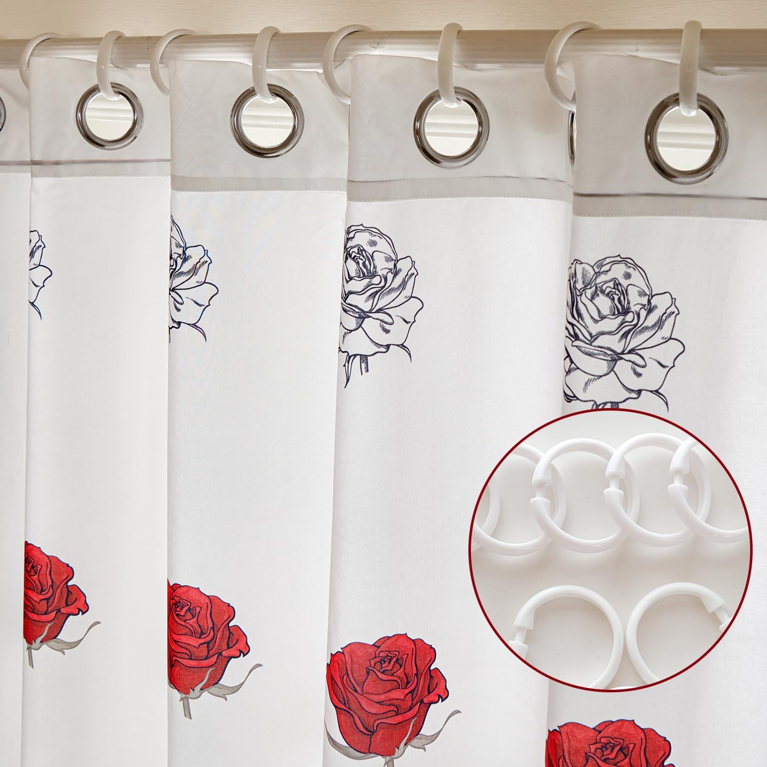 EVENHUG Red Rose Shower Curtain with Hooks Waterproof Floral Flowers Shower Curtain for Bathroom 72x72 inch