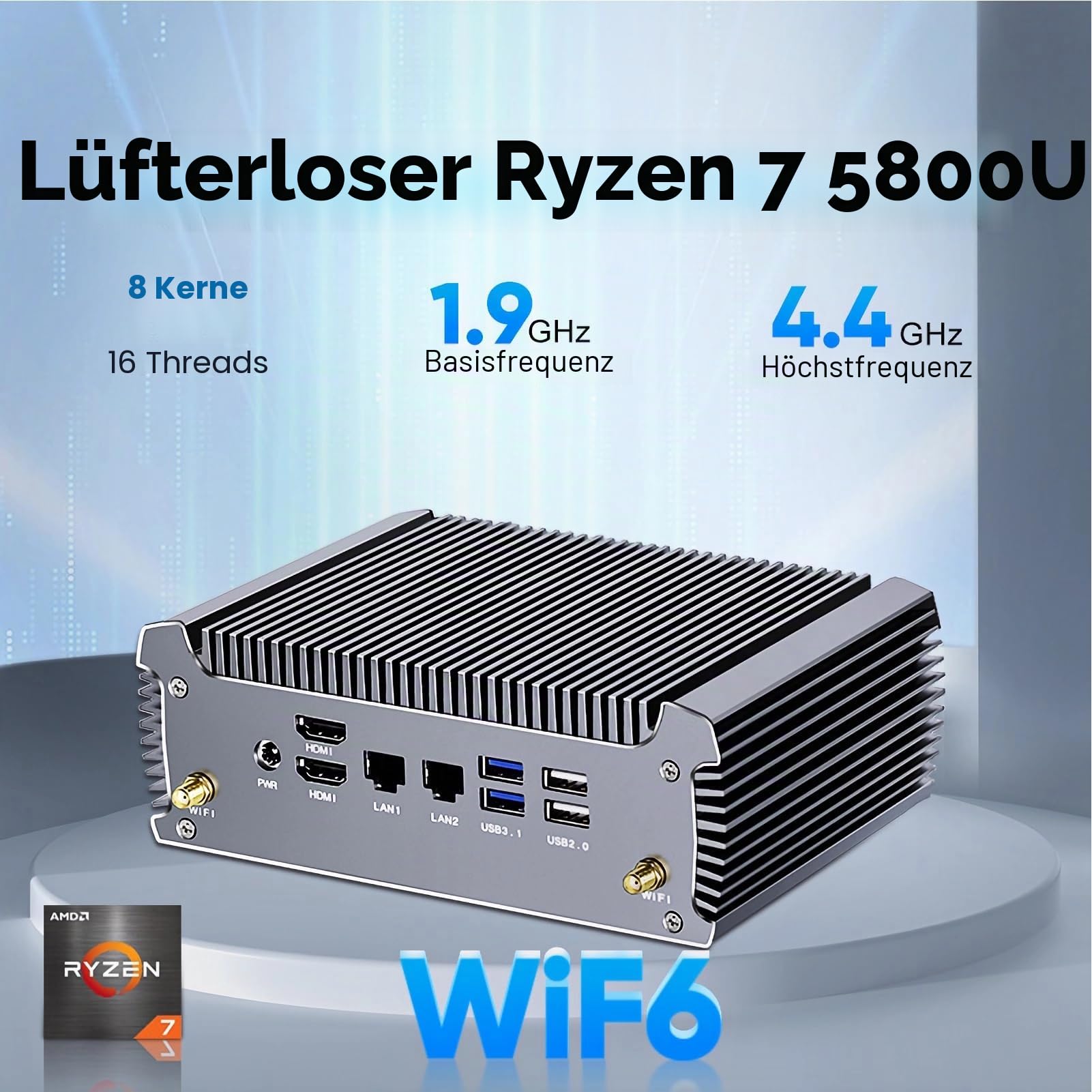 FakestarPC Fanless Mini PC, Ryzen 5 4500U Win 11, Dual LAN Mini Desktop Computer, NVMe DDR4 WiFi6, 2* HDMI, 5*USB, Gaming Office Home