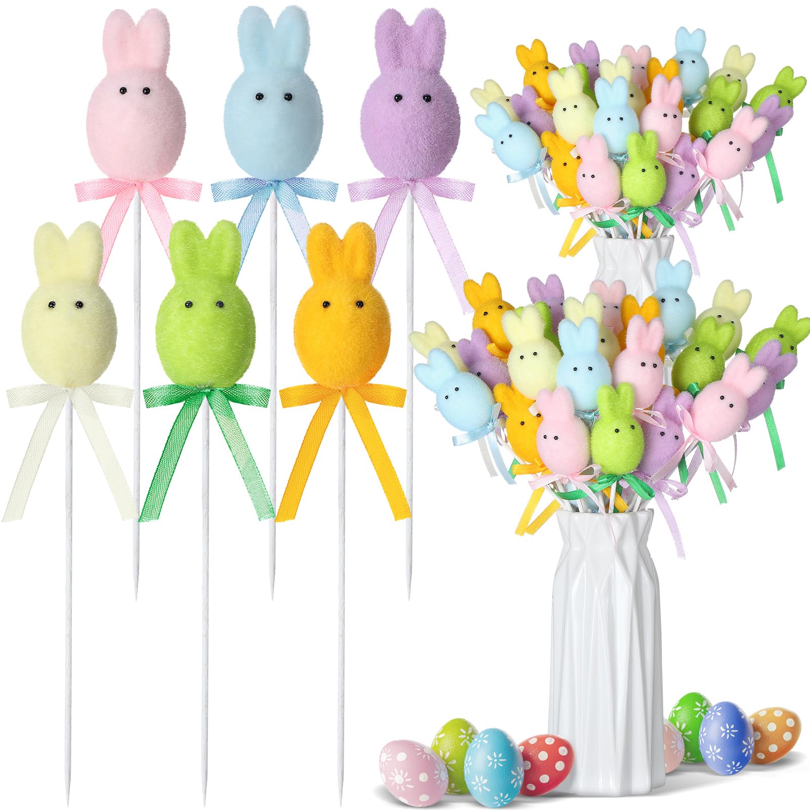 24 Pcs Easter Bunny Picks Faux Foam Easter Egg Picks Decorative Mini Pastel Egg Stems 7" Tall for Spring Basket Bouquets Floral Arrangement Centerpiece Wreath Party Decorations