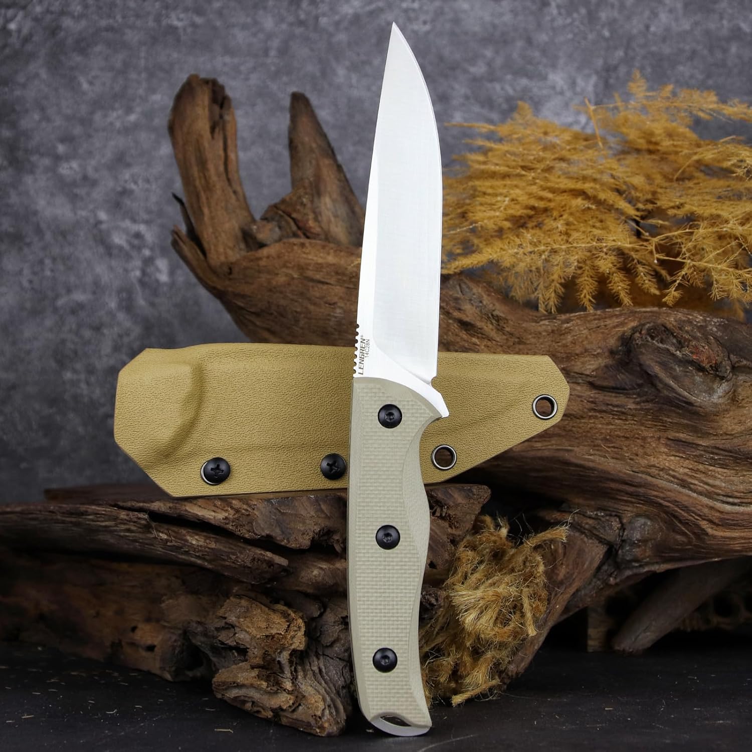 LR-779 Fixed Blade Tactical Knife, 14C28N Steel, G10 Handle, Kydex Sheath Survival EDC for Outdoor Camping Hunting (Khaki)