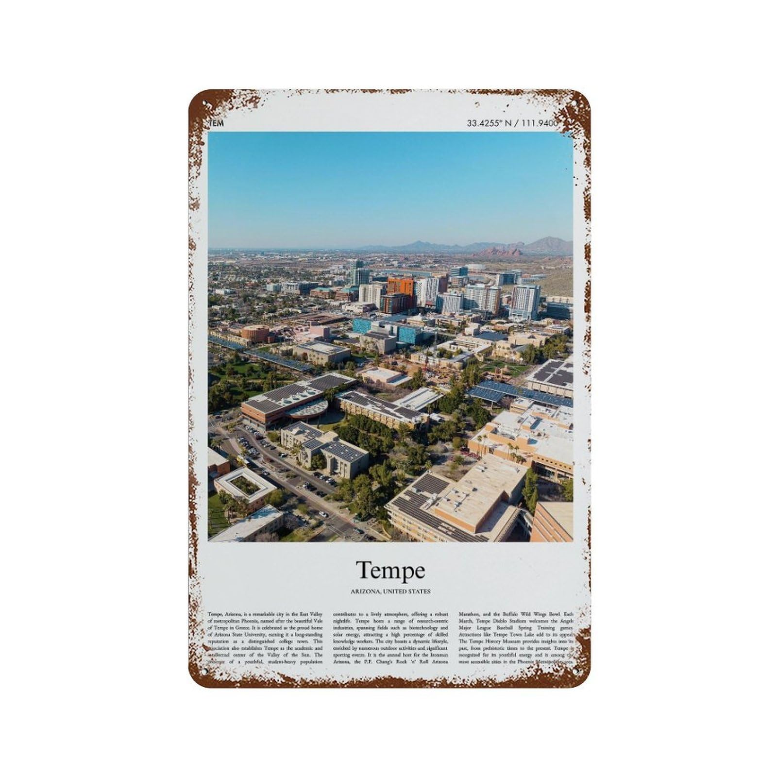 xiaoxiaoshen Tempe Arizona, United States, USA City Scenery Wall Decor Art Metal Tin Poster Modern Home Decor Art Home Bar Shop Decorations Vintage Sign 30x20cm