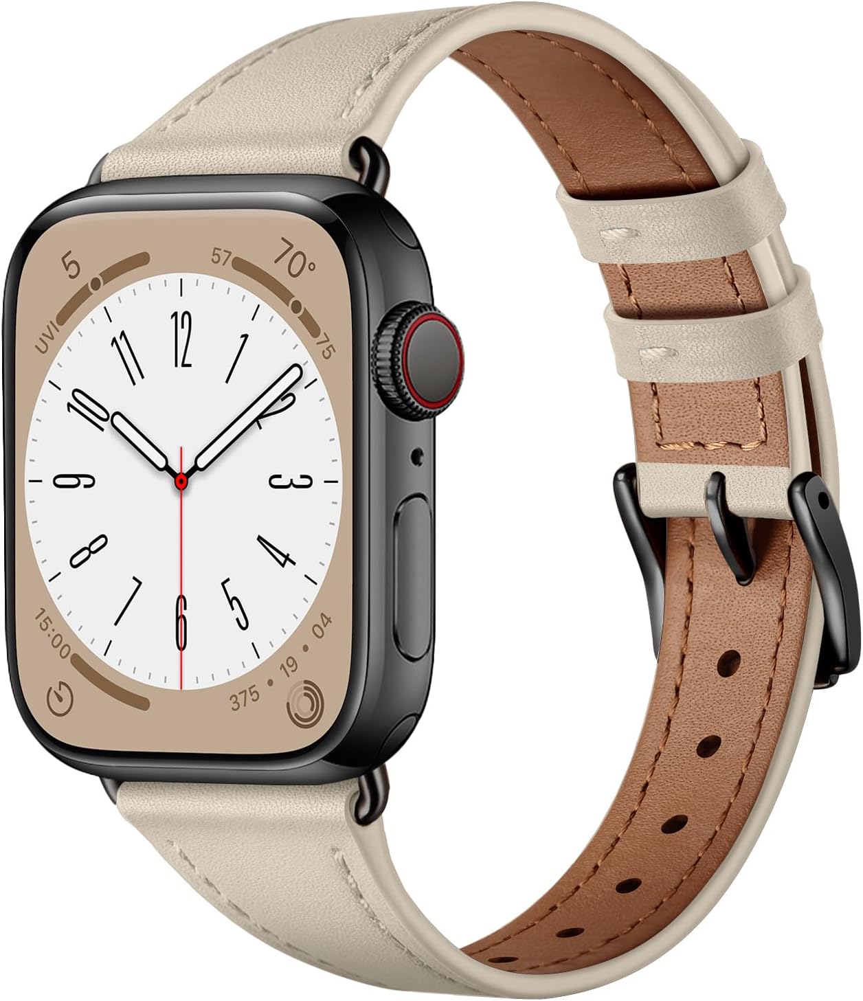 slim leather bands compatible with apple watch band 42mm 41mm 40mm 38mm, genuine leather replacement strap for iwatch series 11/10/9/8/7/6/5/4/3/2/1 se 3/2/1 women, starlight/black starlight/black 38mm/40mm/41mm/42mm(series 11 10)