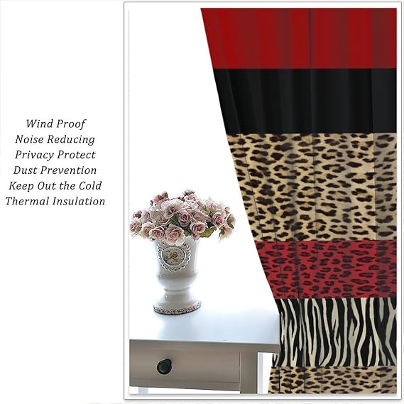 Leopard Print Blackout Curtain,Red Black Brown Cheetah Geometric Stripes African Wildlife Abstract Curtains Dining Room Living Room Kitchen Cafe Bedroom Office Drapes,72x63 in