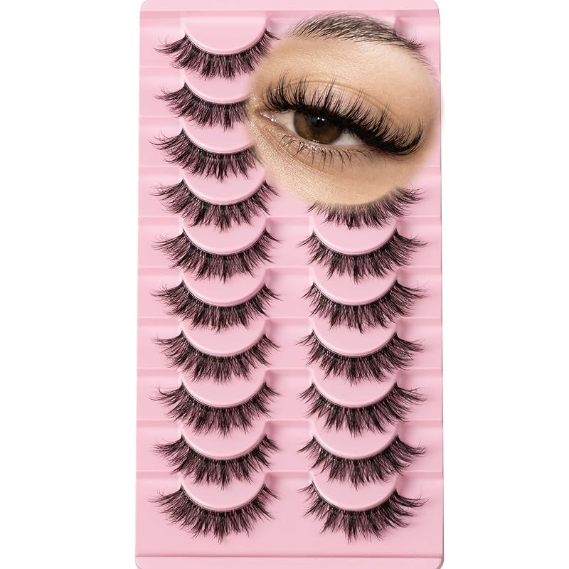 Cílios postiços QUNETY estilo cat eye com efeito wispy, tiras demi, 10 pares