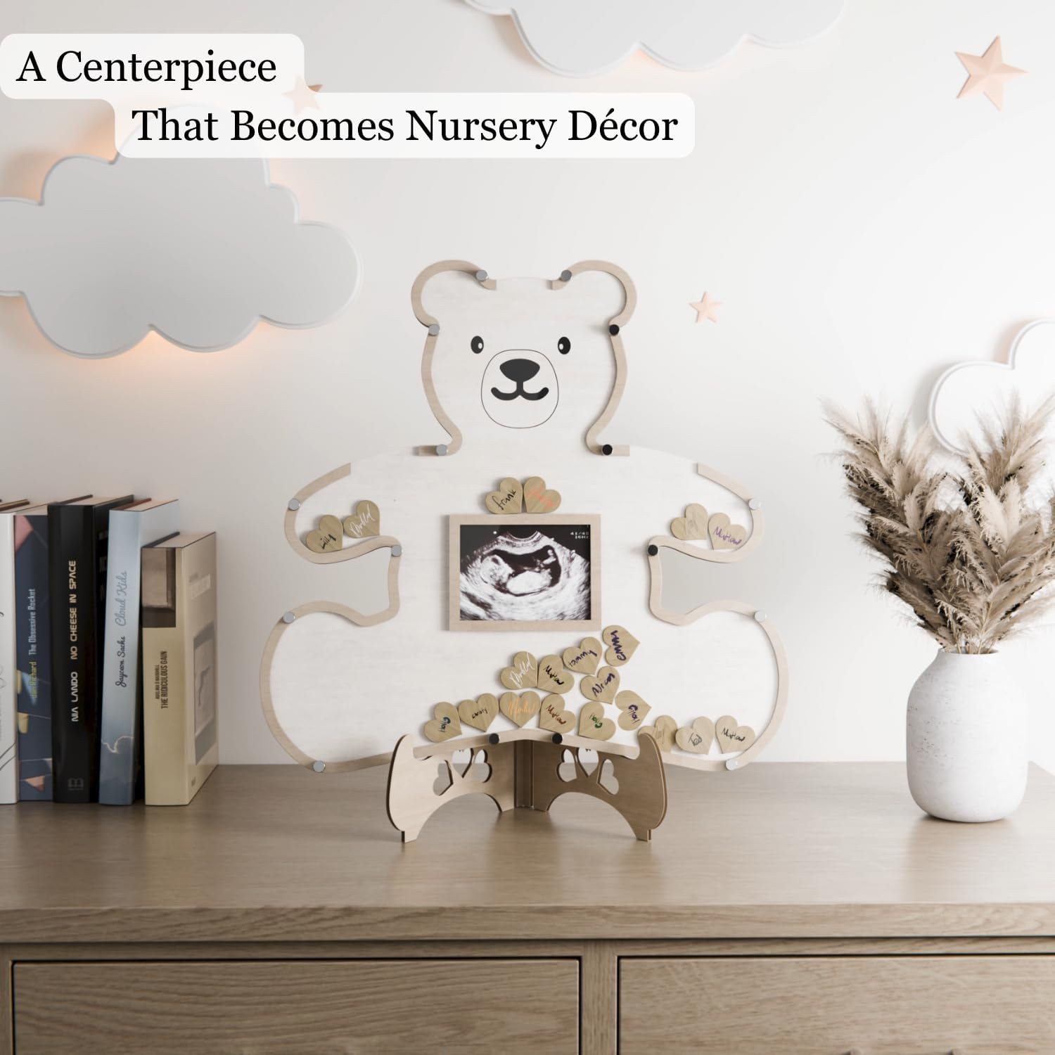Teddy Bear Guest Book Frame Keepsake for Baby Shower - Gender Reveal - Birthday - Large Premium Wood Shadow Box Display - Unique Gift Idea - Personal Nursery Decor - Ultrasound Frame - We Can Bearly Wait Theme - Includes Wooden Heart Tokens - Display Box & Stand (White)