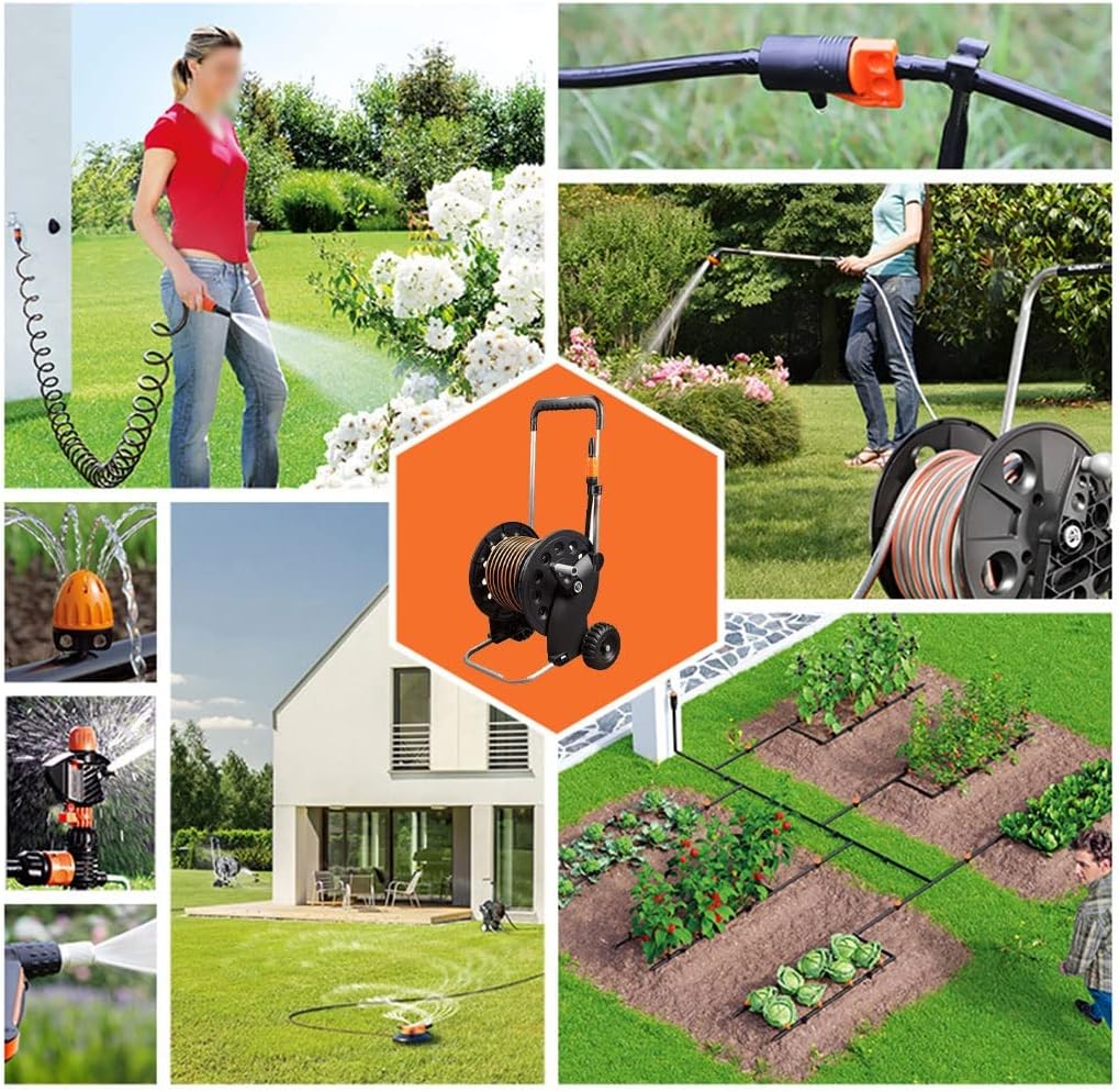 Hose Reel Cart Water Hose Cart with Wheels Large Garden Irrigation Trolley, Household Car Wash Tool, Portable Hose Reel with Wheels, with Water Gun