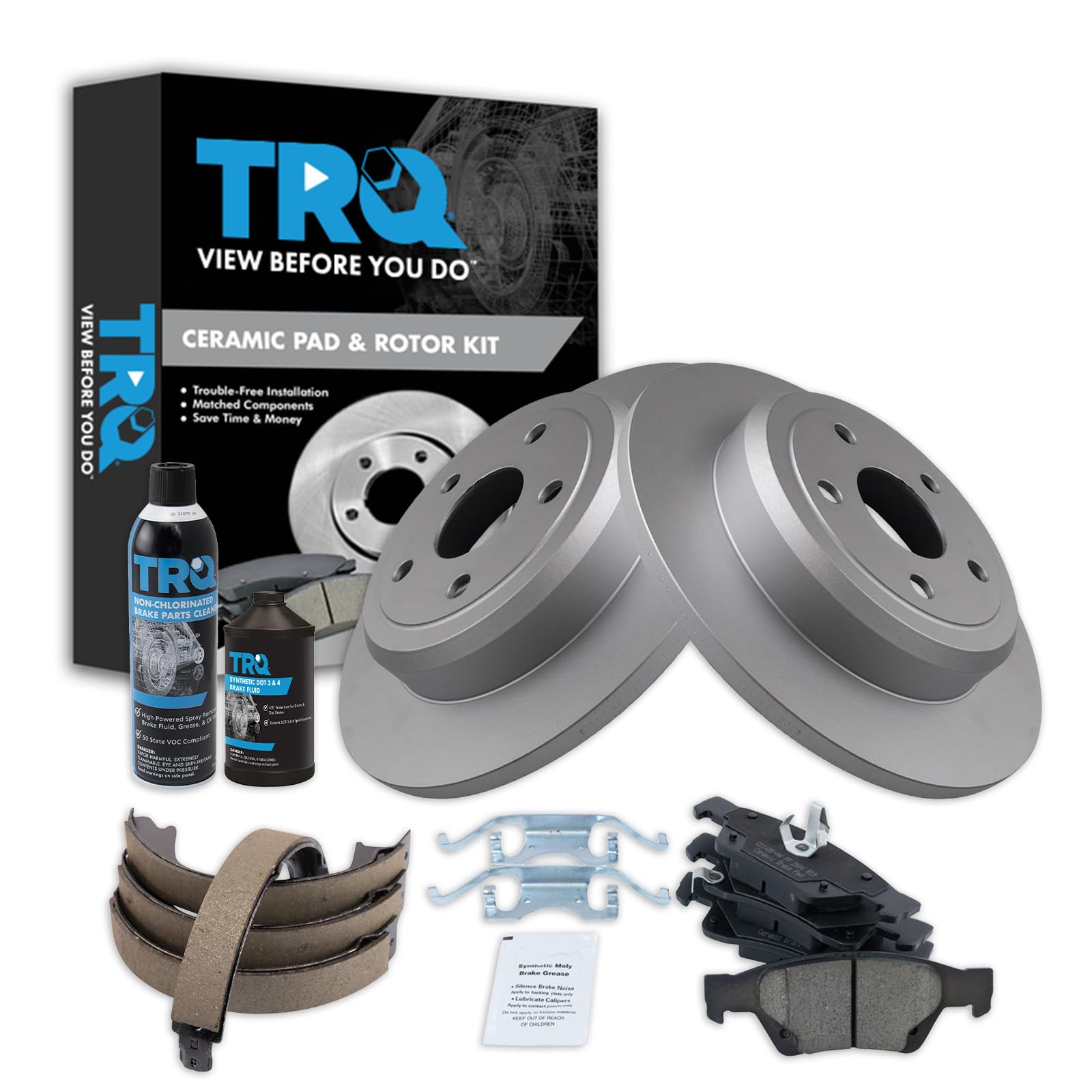 TRQ Rear Brake Pad &amp; Rotor Kit, with Chemical Kit Parking Brake Shoe Set Ceramic Premium G-Coated Compatible with 2011-2019 Dodge Durango Jeep Grand Cherokee