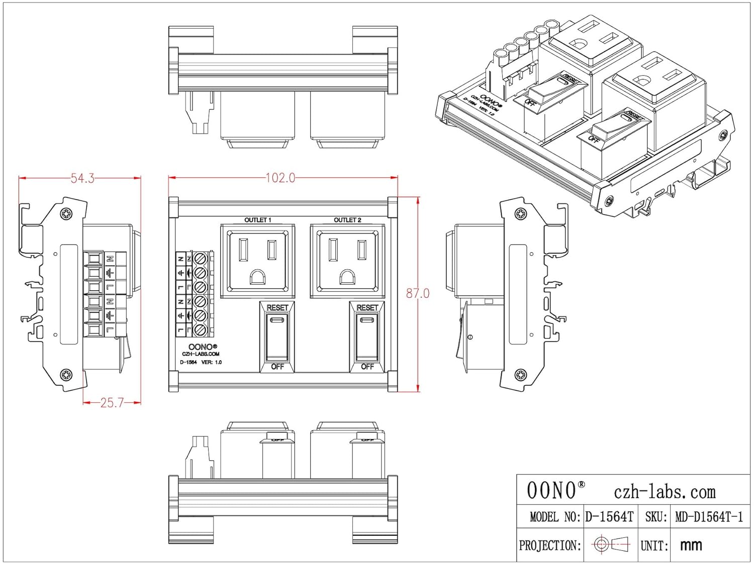 DIN Rail Mount AC 120V NEMA 5-15R 2 Receptacle Outlet Power Module, with Rocker Switch Thermal Circuit Breaker Overload Protector