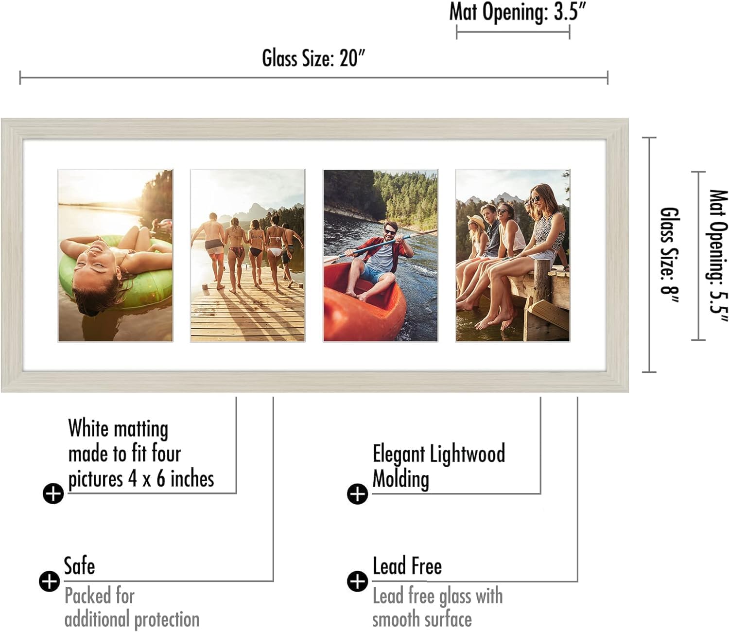 Americanflat 4x6 Collage Picture Frame with Shatter-Resistant Glass - Fits Four 4x6 Photos or Use as One 8x20 Picture Frame - Signature Collection - Collage Frames for Wall Display- Light Wood
