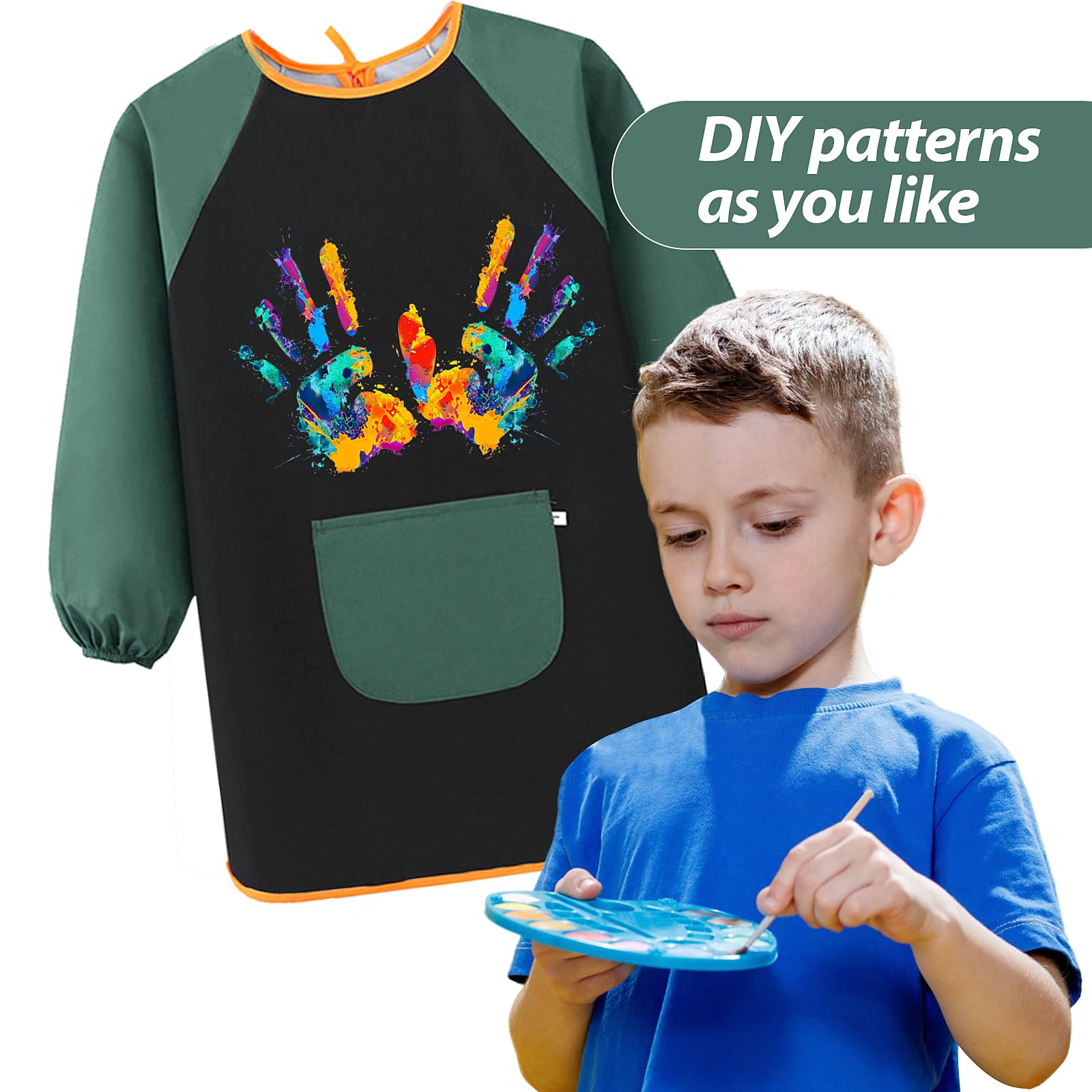 GEBETTER 1Pc Tablier Peinture Enfant Blouse Imperméable Réutilisable Manche Longue avec Poche Fourniture Rentrée Ecole Garçon Fille 7-11 ans pour Art Peinture Coloriage