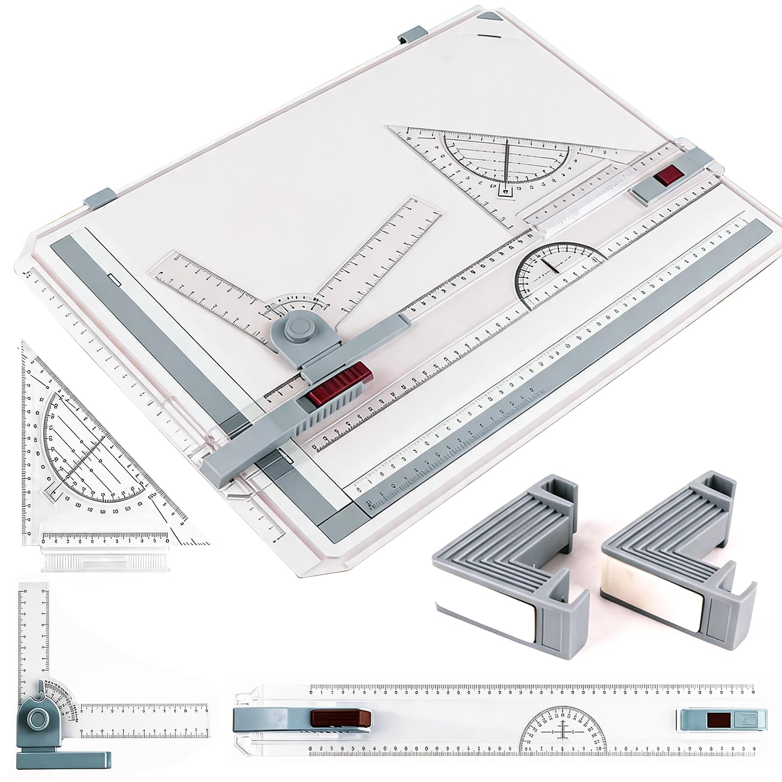 Tavolo Da Disegno DIN A3, Con Riga Parallela E Goniometro Set 6 Pezzi Multifunzione Con Morsetto Fermacarta Righello E Supporto Regolabile Per Disegno Tecnico Scuola Ufficio Architettura