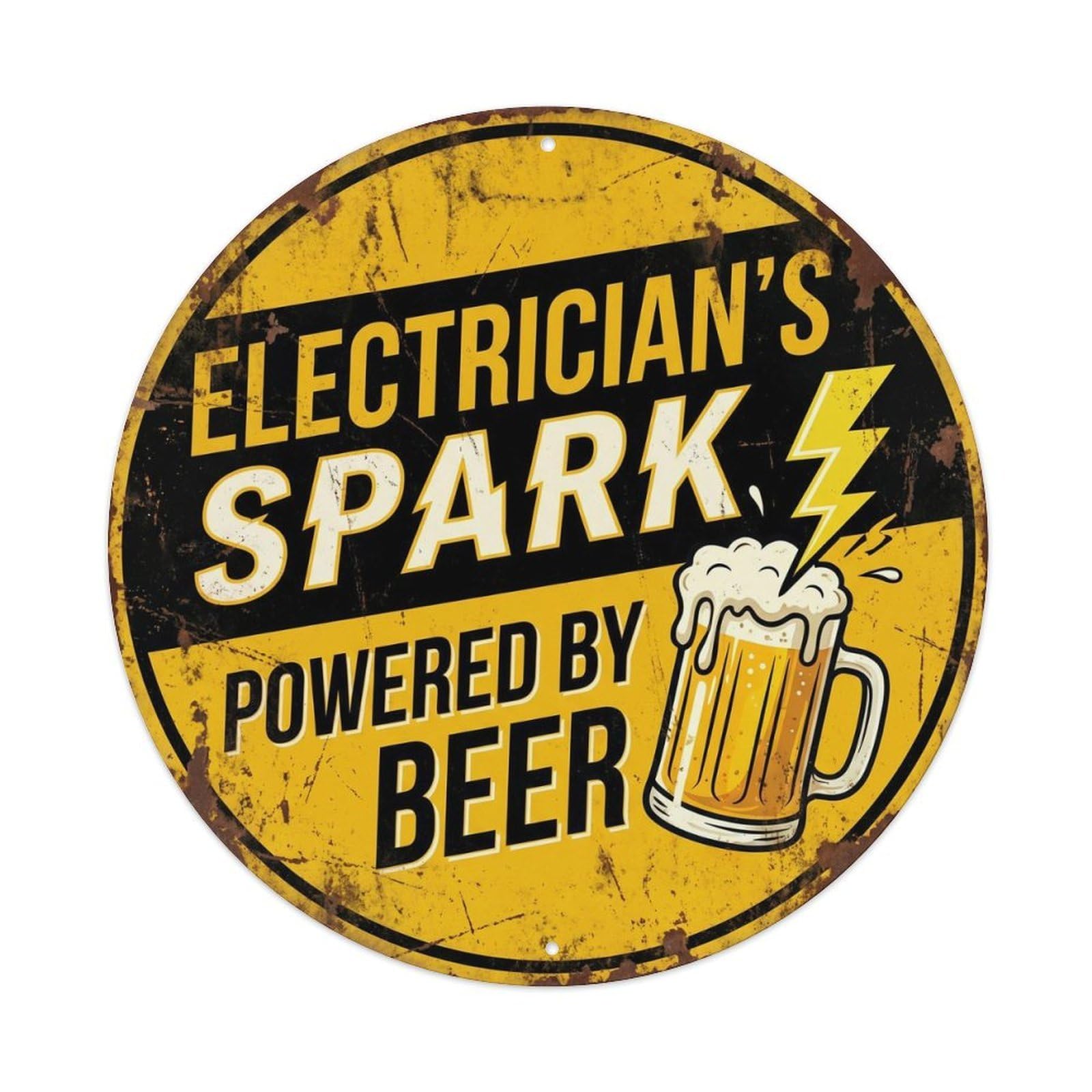 Retro Bar Electrician Bright Workshop Beer Metal Tin Sign Plaque Wall Decor for Cafe, Club Bar, Office, Home Garden Round Metal Poster 8x8Inch