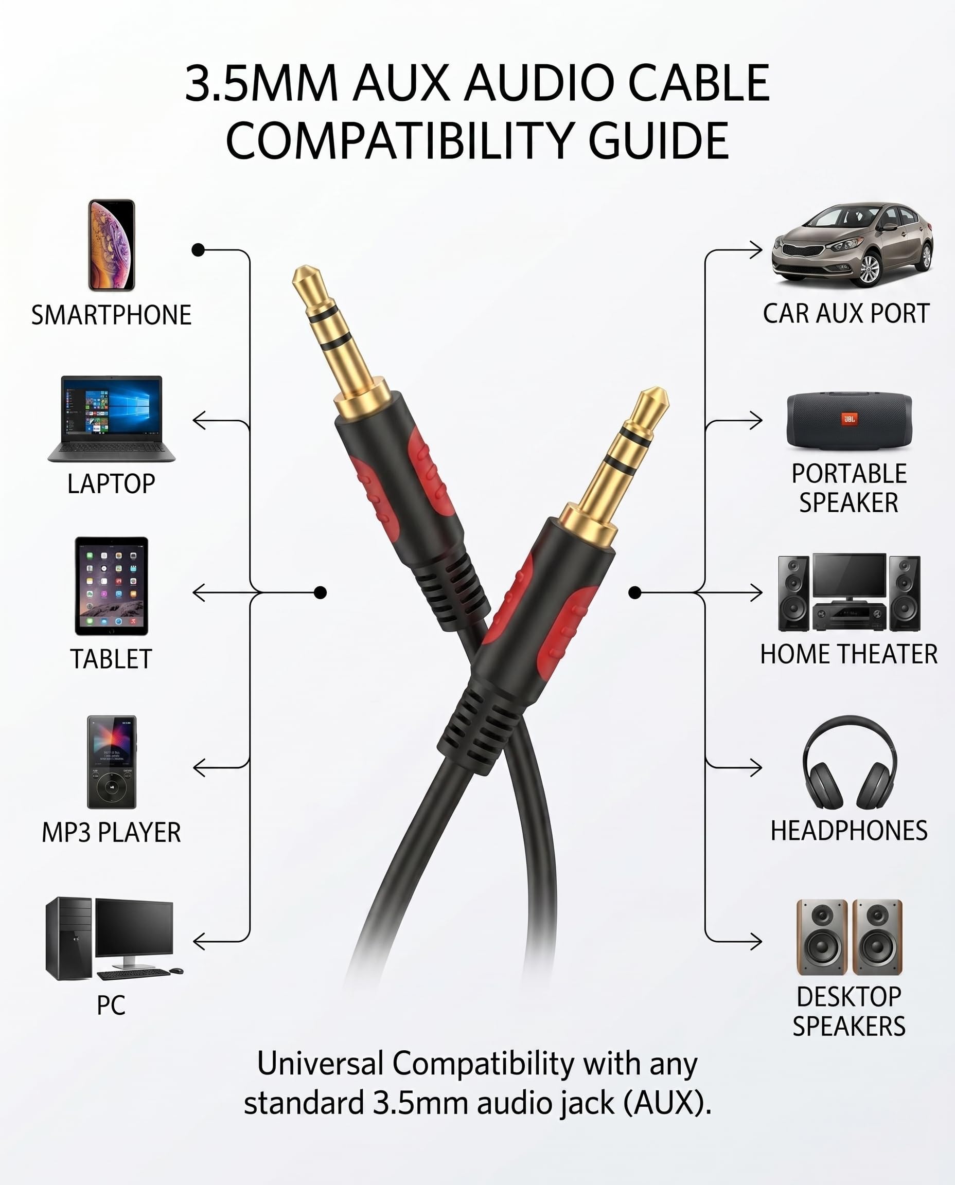 Cable auxiliar de audio macho a macho de 3,5 mm de 7,6 m, cable AUX para auriculares Beats, iPod, iPhone, iPad, estéreo de hogar/coche y más