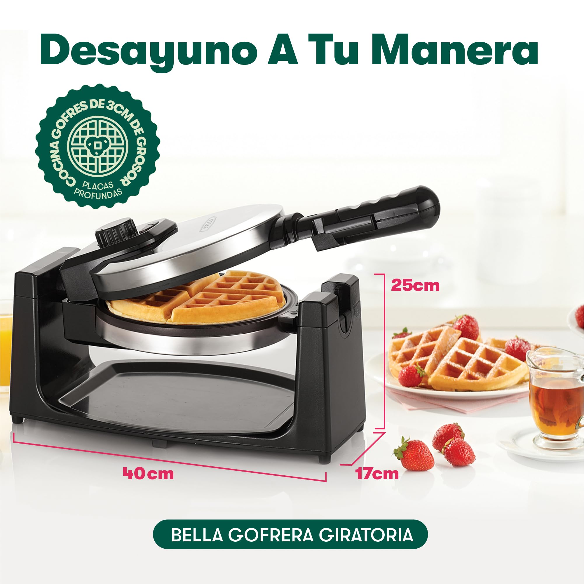 bella Gofrera para gofres belgas giratoria clásica con placas antiadherentes, bandeja de goteo extraíble, control de dorado ajustable y asas de tacto frío., Acero inoxidable